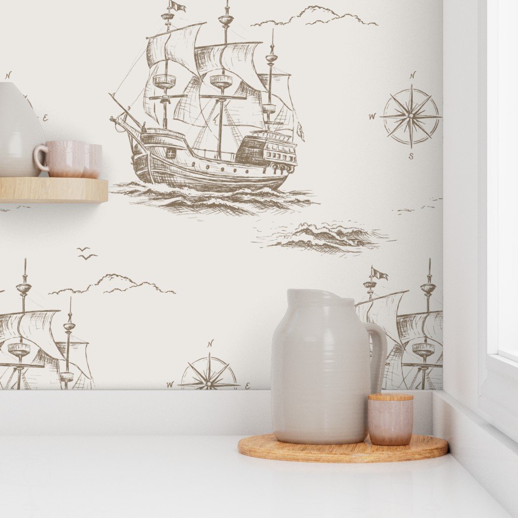 pirate ship wallpaper for coastal nursery, bedroom, or nautical home