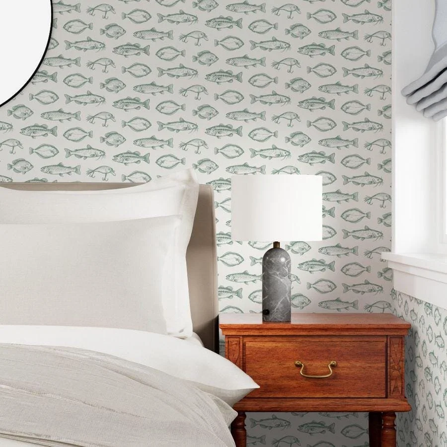 sage-green-vintage-fish-sketch-wallpaper-bedroom-nightstand.jpg