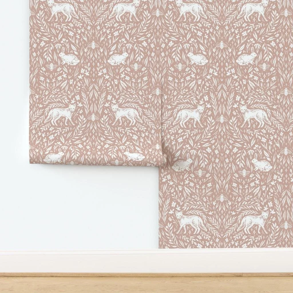 dusty-pink-fox-rabbit-botanical-wallpaper-panel-install.jpg