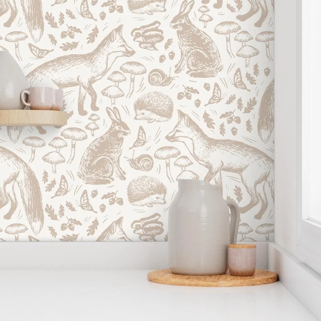 beige-woodland-fox-rabbit-mushroom-wallpaper-kitchen-shelf.jpg