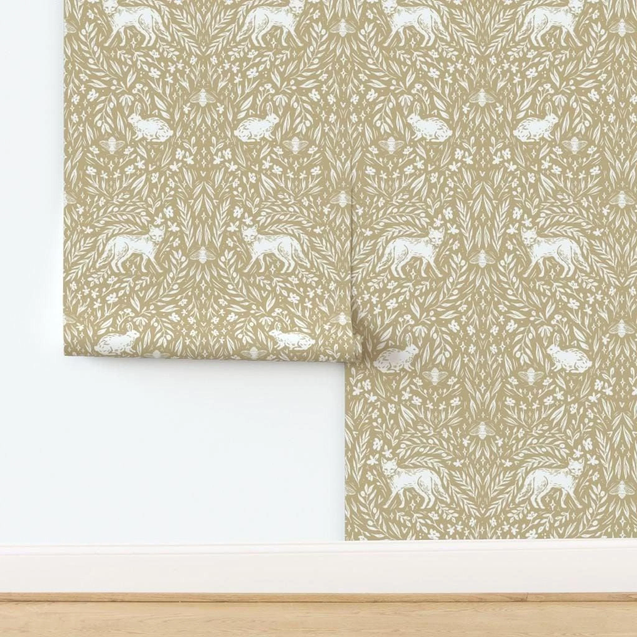 khaki-fox-rabbit-botanical-wallpaper-panel-install.jpg