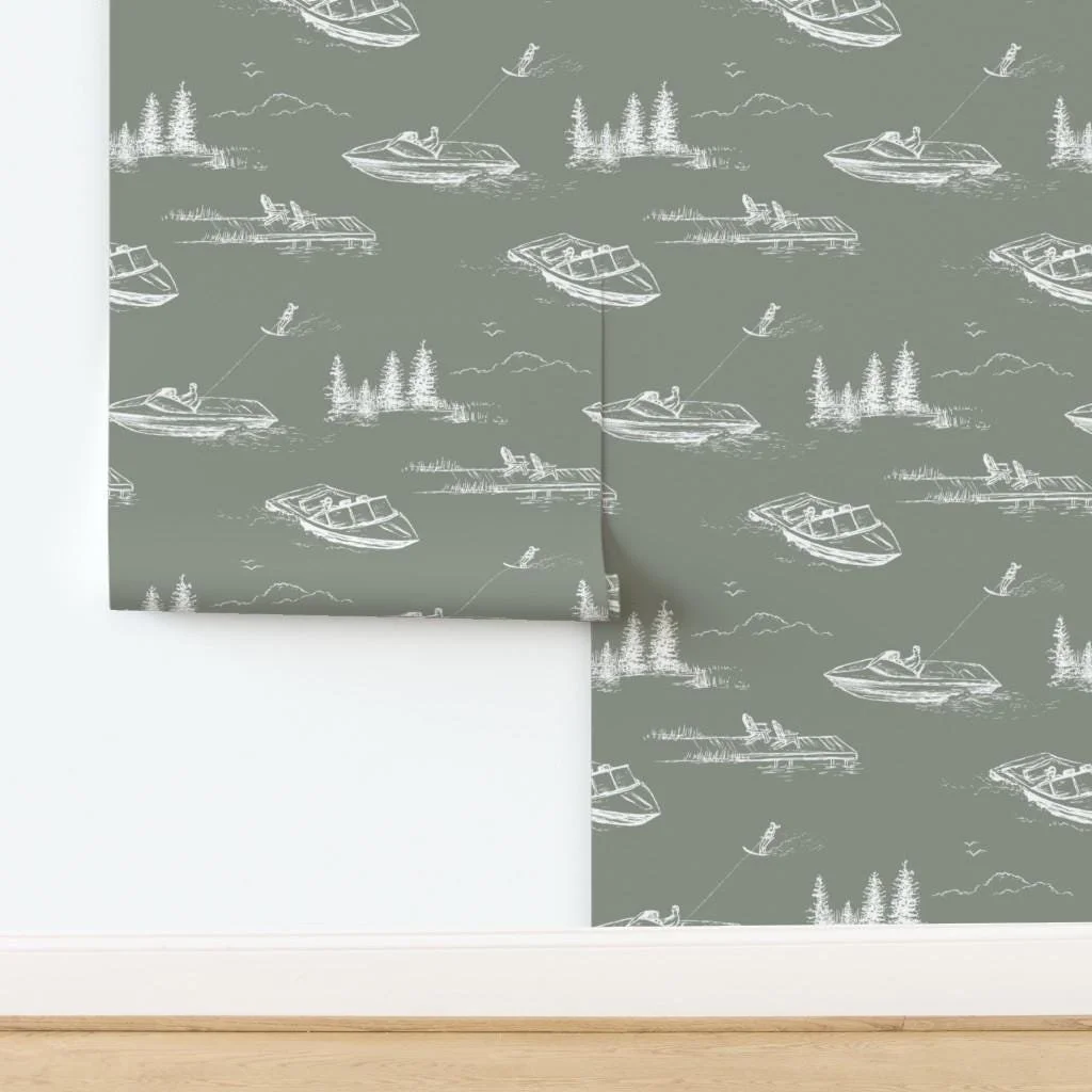 sage-green-lake-house-boat-toile-wallpaper-panel-install.jpg