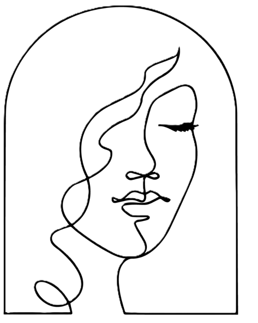 Line drawing of a woman's face featuring one eye, nose, and lips, with hair, inside an arch-shaped frame.