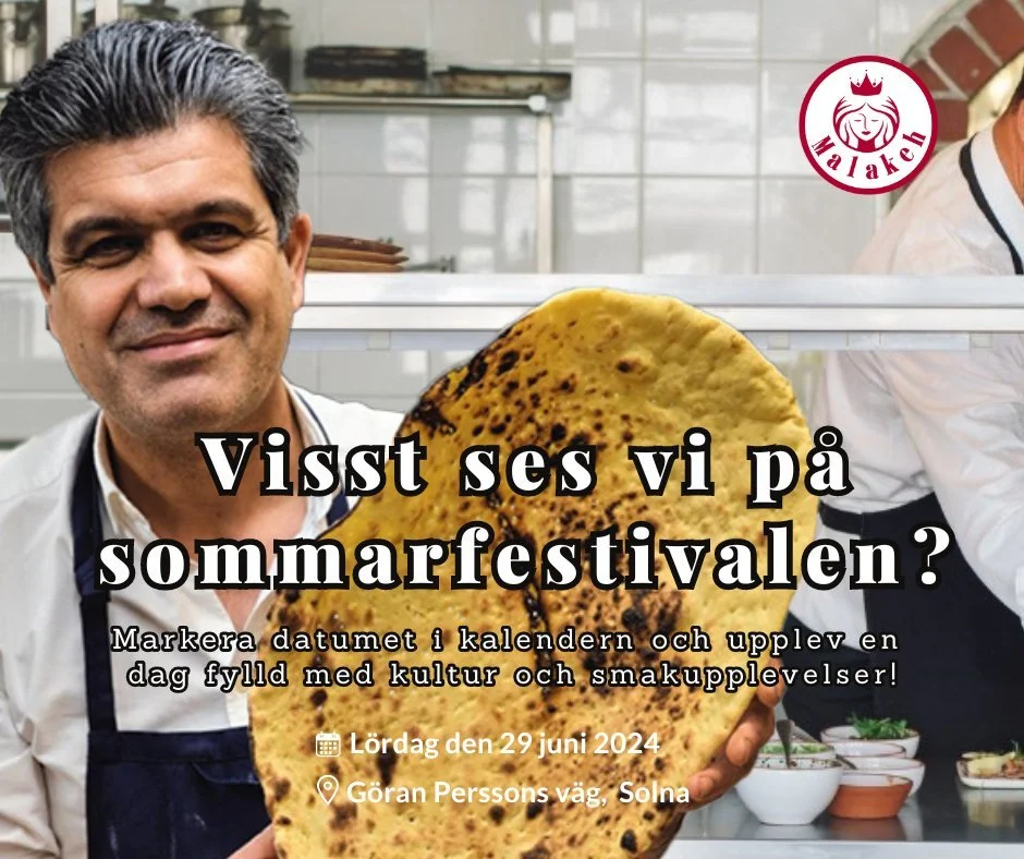 🎉✨ R&auml;kna ned dagarna till Tirgan Festivalen i Stockholm! ✨🎉

Markera den 29 juni i din kalender och g&ouml;r dig redo f&ouml;r en dag fylld med kultur och fantastiska smakupplevelser. Vi p&aring; Malakeh Restaurang &auml;r stolta &ouml;ver att