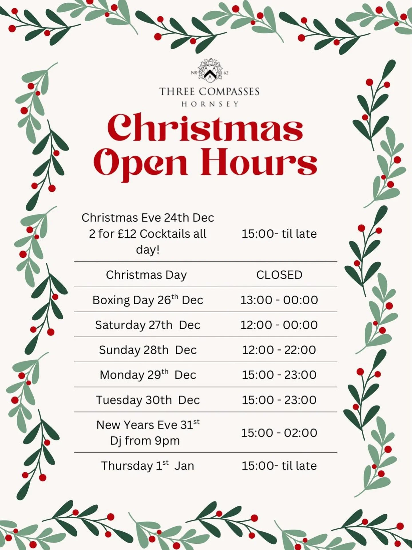 CHRISTMAS OPENING HOURS🎄

Here are our opening hours over the festive period! Come and join us during the holidays!

Check out our offers and deals on our website, link in bio 🔗

#london #londonpub #winter #sundayroast #northlondonpub #northlondon 