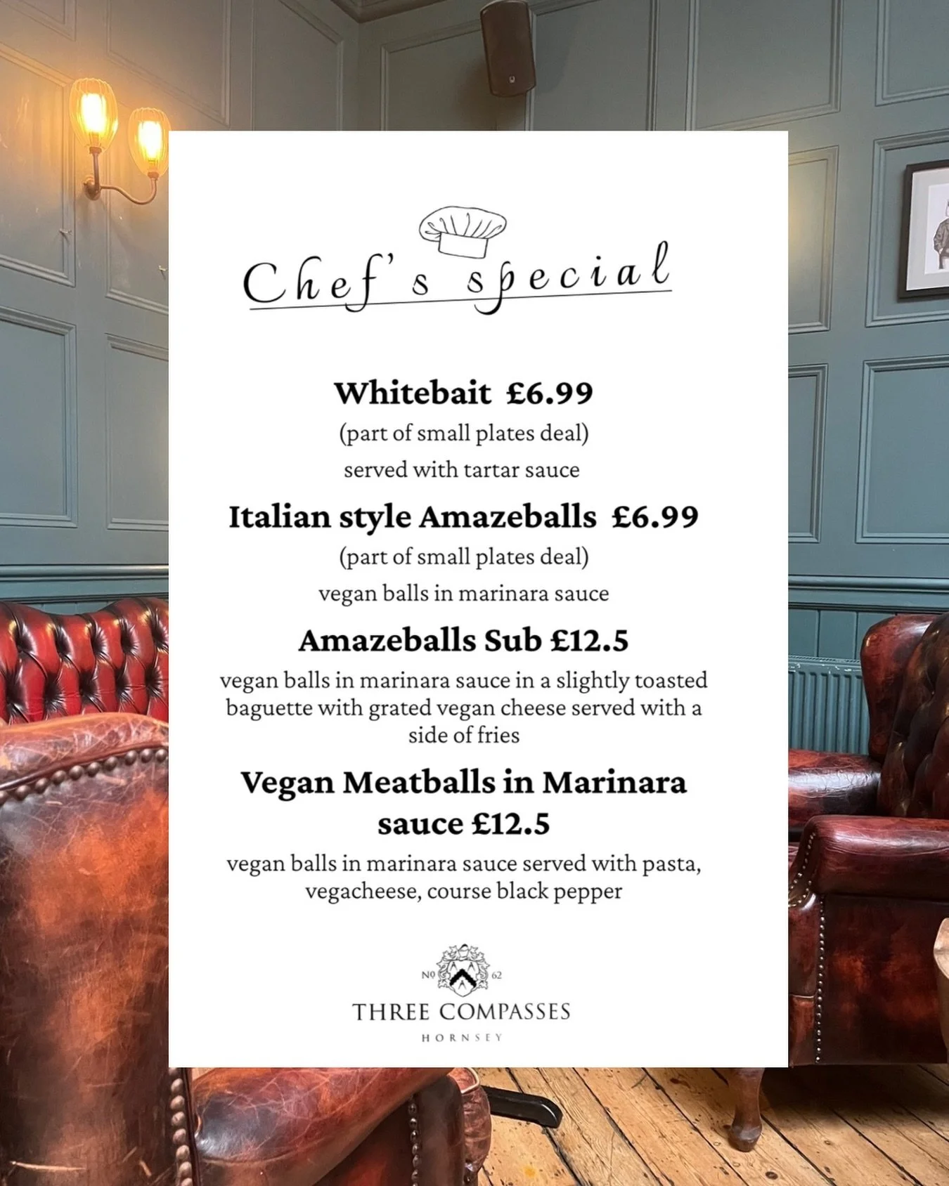 CHEF&rsquo;S SPECIALS FOR THIS WEEK!🌟

A mix of small plates and Vegan meatballs! Come down and enjoy! 🍷

Check out our offers and deals on our website, link in bio 🔗

#pub #hornsey #northlondon #northlondonpub #londonwinter christmaslondon