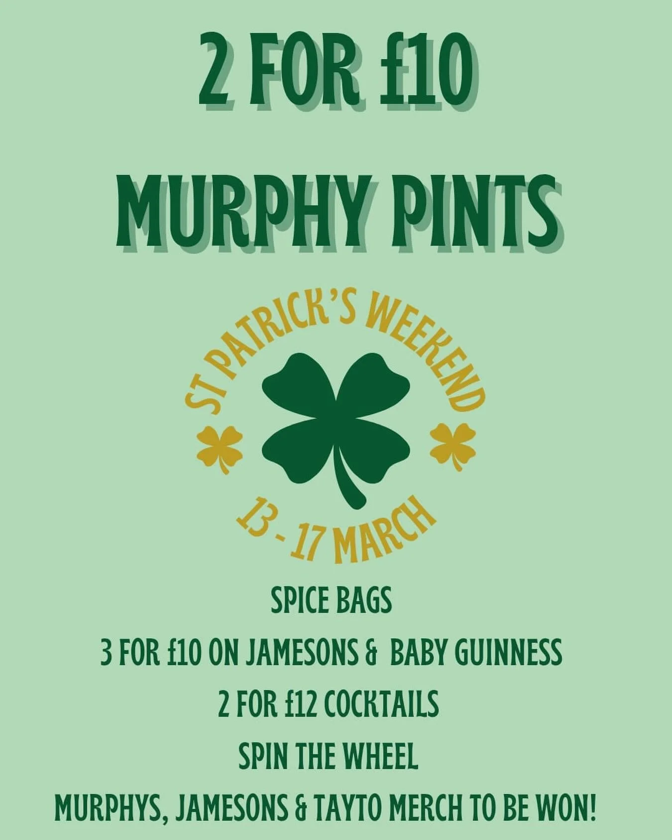 ST PATRICKS WEEKEND🍀

Get ready for St Paddy&rsquo;s! We have multiple deals for you! Come and enjoy with us here at the 3Cs Mercy to be won! Food &amp; drink deals all weekend. 

Check out our offers and deals on our website, link in bio 🔗

#pub #
