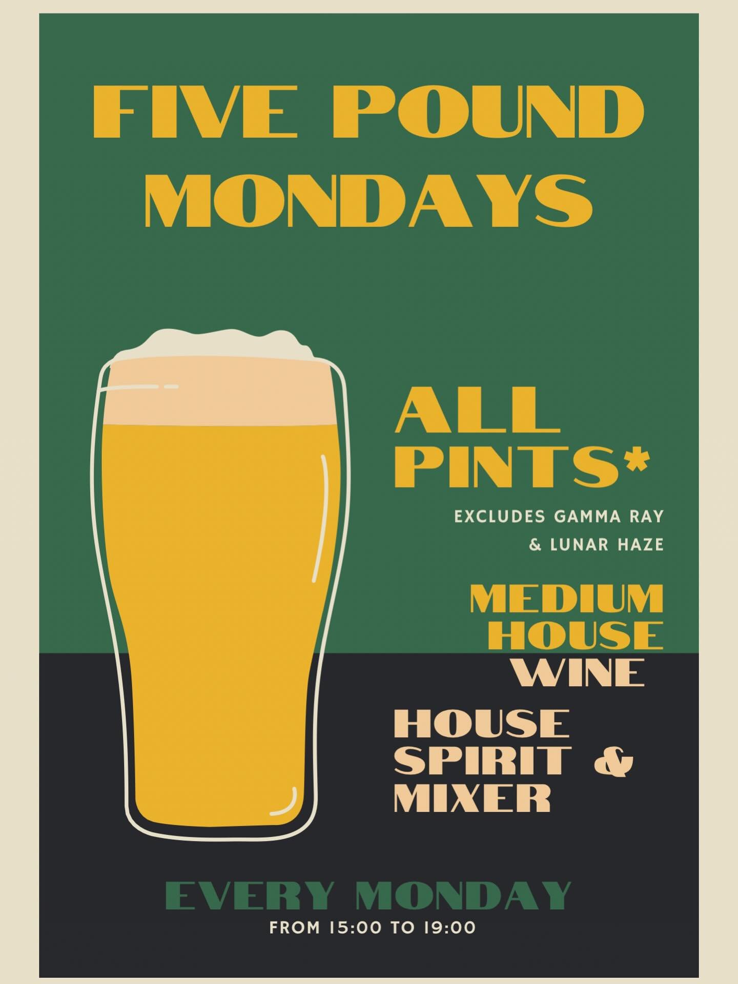 Happy Bank Holiday Monday! Our Monday offer just got a serious upgrade. We&rsquo;re serving up your favorites for only &pound;5! Whether you&rsquo;re a pint lover, a wine enthusiast, or a spirit fan, we&rsquo;ve got you covered.