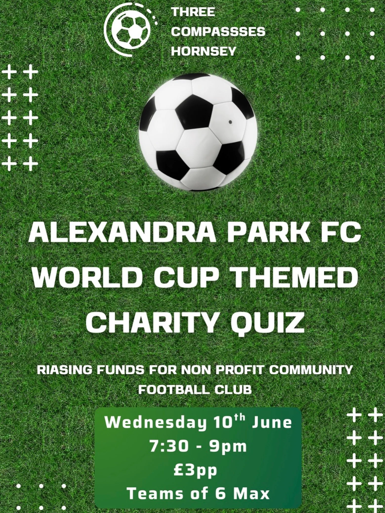 WORLD CUP THEMED CHARITY QUIZ!

Wednesday 10th June!

Hosted by Alexandra Park FC

Come down every tuesday and join us for our pub quiz! With great prizes to be won!

See you there!

Check out our offers and deals on our website, link in bio 🔗