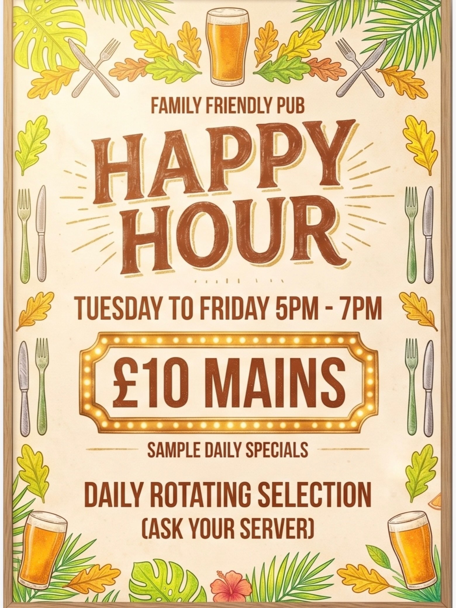 ITS OFFICIAL!  We are launching our brand-new &pound;10
Happy Hour at The Three Compasses. 

Every Tuesday to Friday, from 5 PM to 7 PM, we are serving up a strictly limited run of freshly prepared mains for just a tenner. Check the blackboard daily 