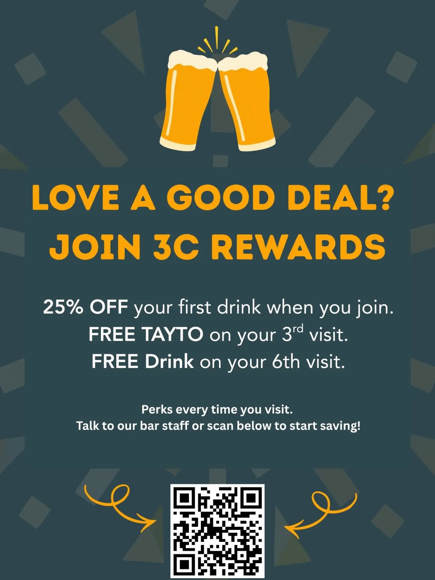 Love a good deal? Drinking at your favourite local pub just got even better! 🍻✨

We&rsquo;ve officially launched 3C Rewards, and we&rsquo;re giving away serious perks just for stopping by:
25% OFF your first drink when you sign up
FREE TAYTO on your