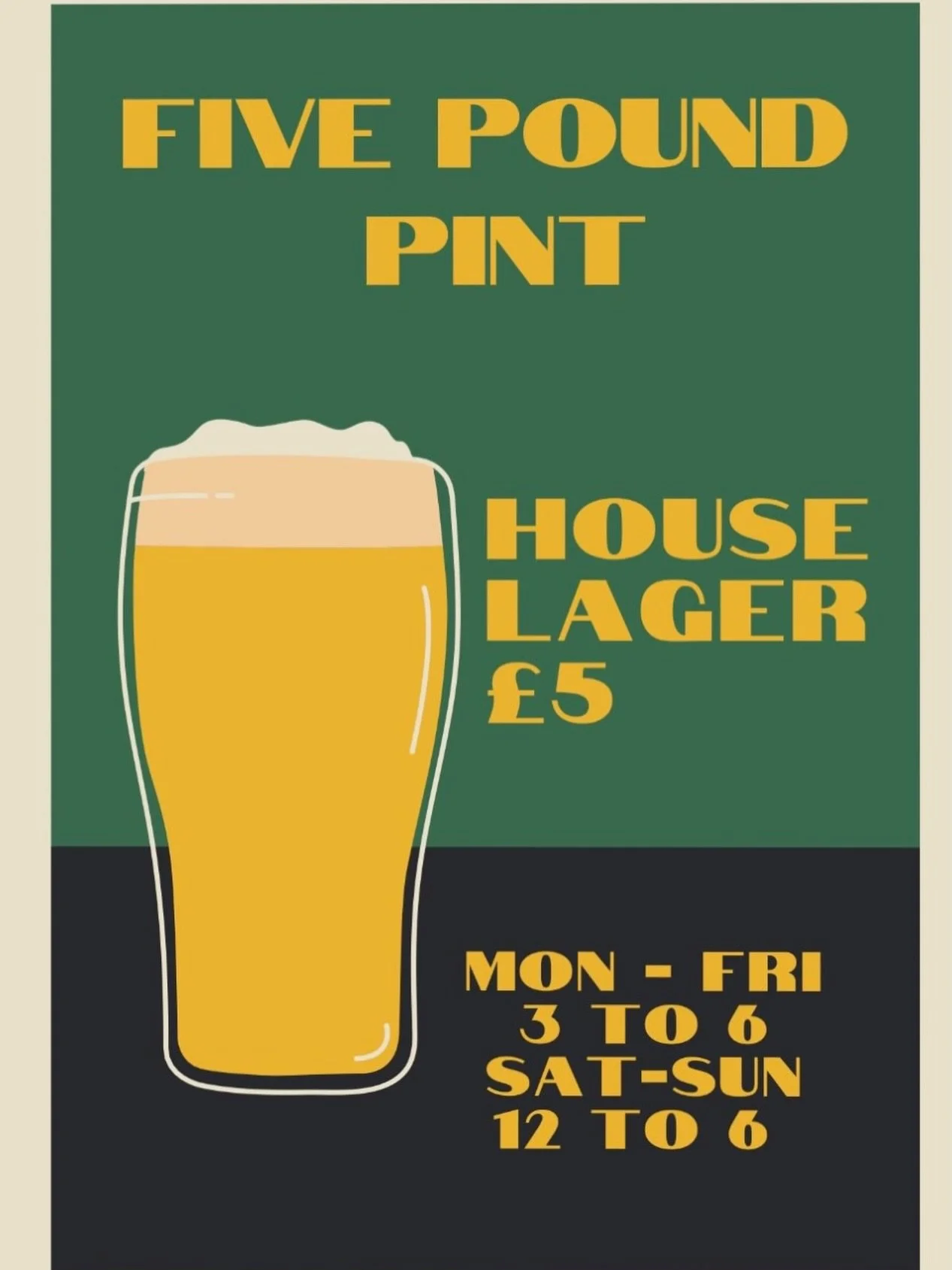 FIVE POUND PINT!🍺 

Come down and try our House Lager!! One of our best selling pints brought to you at a lower rate! 

Only this summer! ☀️

3-6 Monday - Friday
12-6 Saturday- Sunday