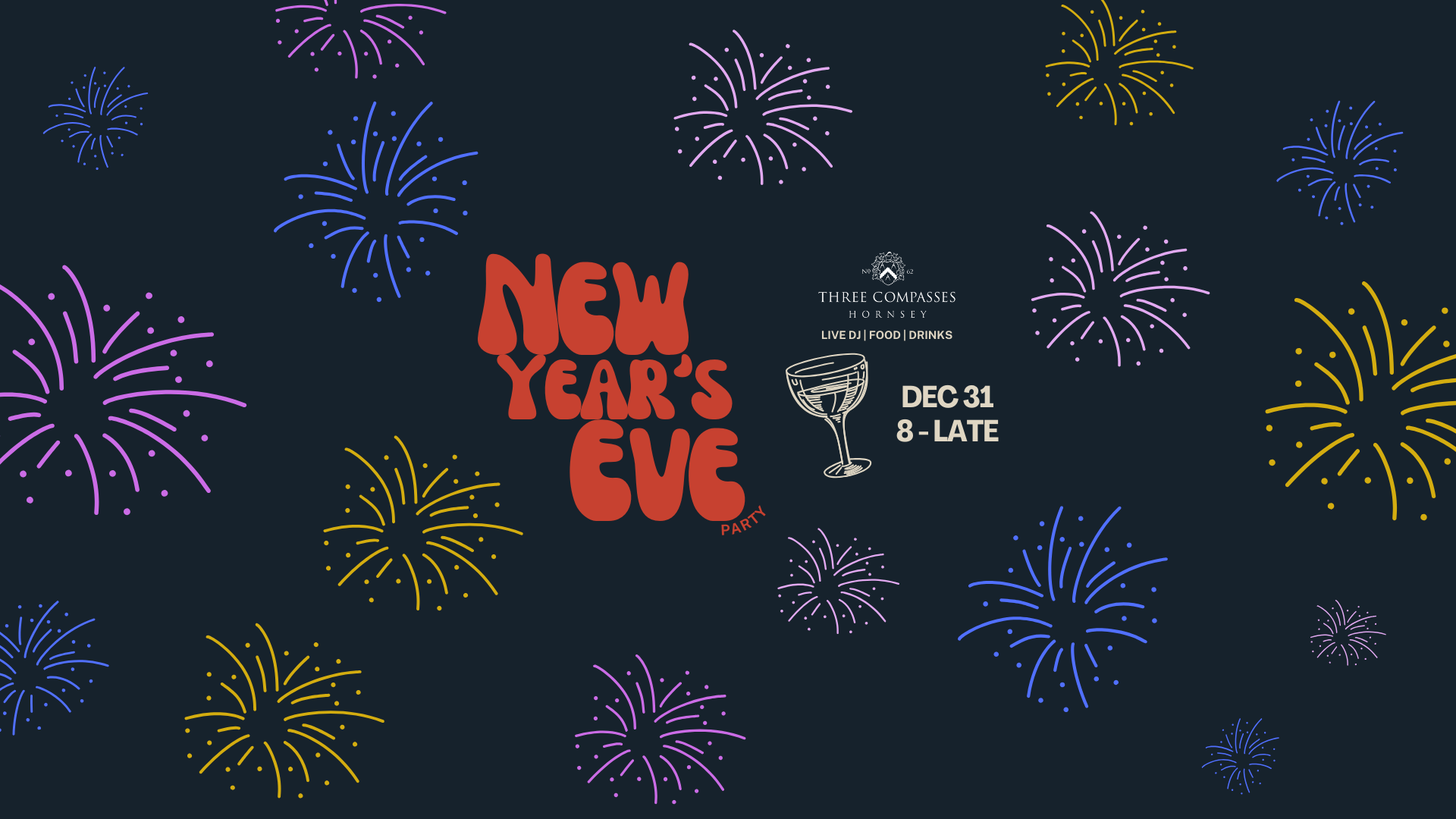 New Years Eve Party at the Three Compasses. December 31 from 8 to late.