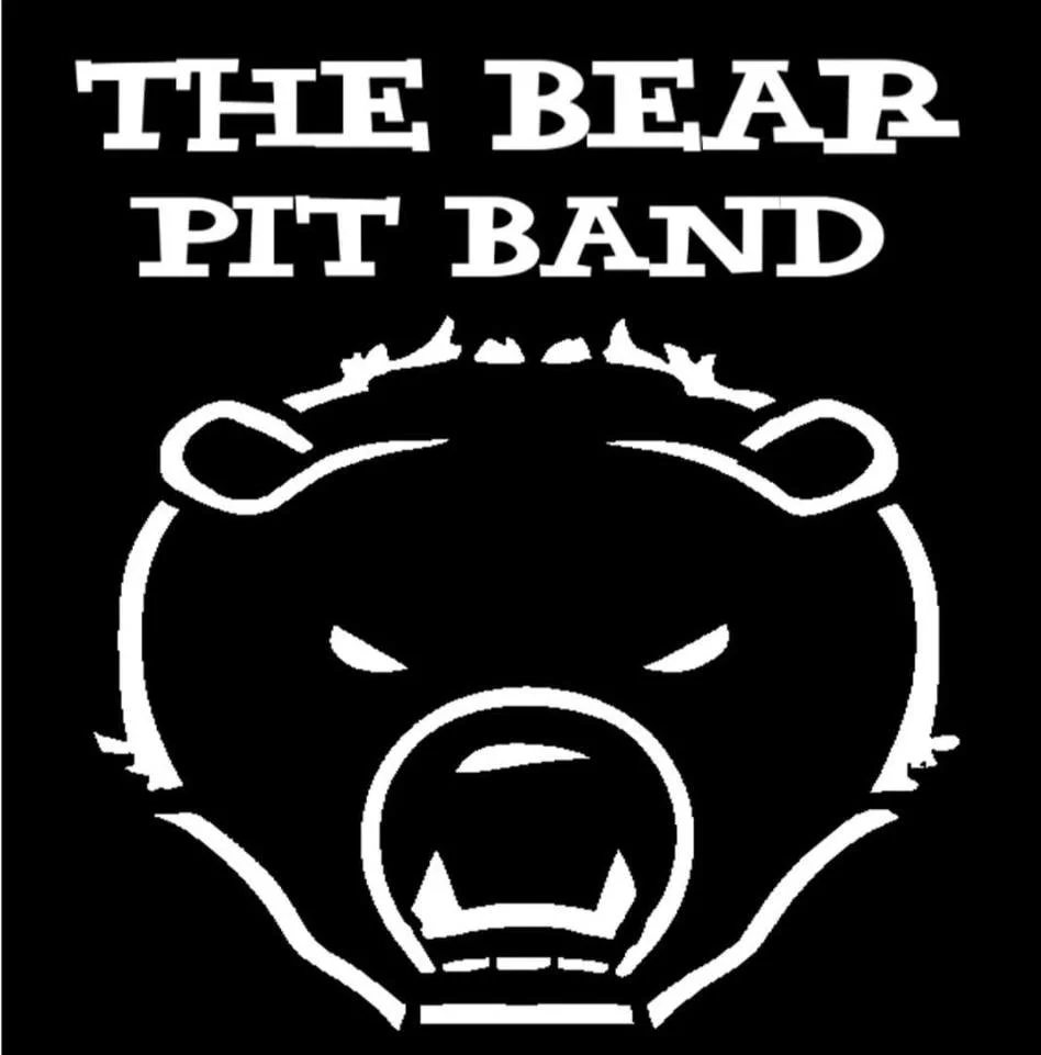 Black and white logo of a bear's head with an open mouth showing teeth, with the text 'The Bear Pit Band' above it.