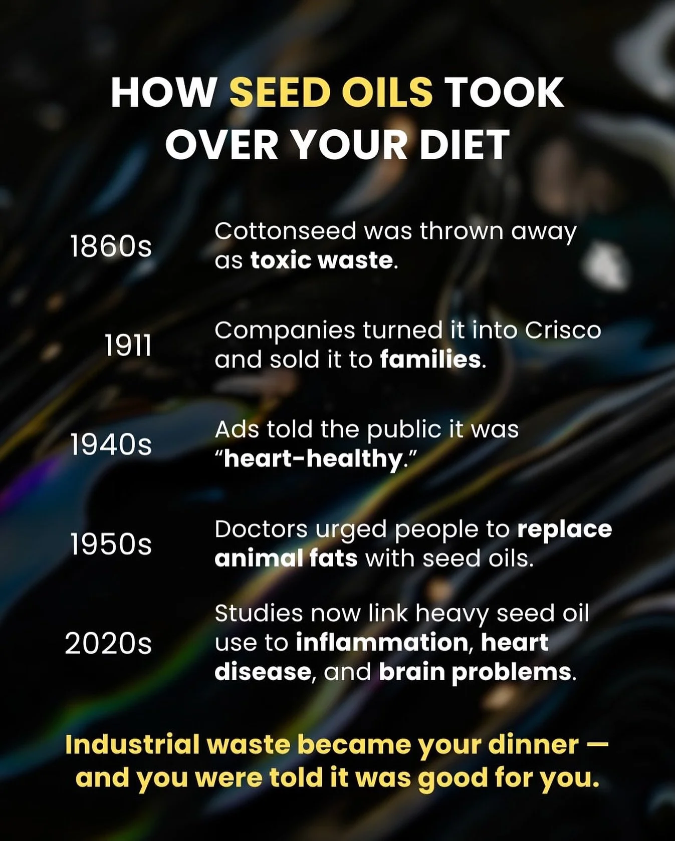 Posted @withregram &bull; @twc.health Seed oils didn&rsquo;t just &ldquo;appear&rdquo; in our diet &mdash; they were marketed, pushed, and normalized over decades.

Now we&rsquo;re finally asking: was it ever a good idea?
