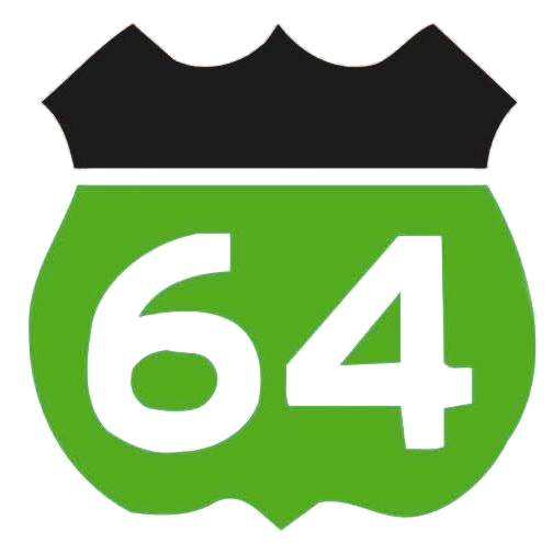 Brand collaborator Progress 64 West’s logo: Illustration of a road sign with a black top and a green shield-shaped bottom featuring the number 64.