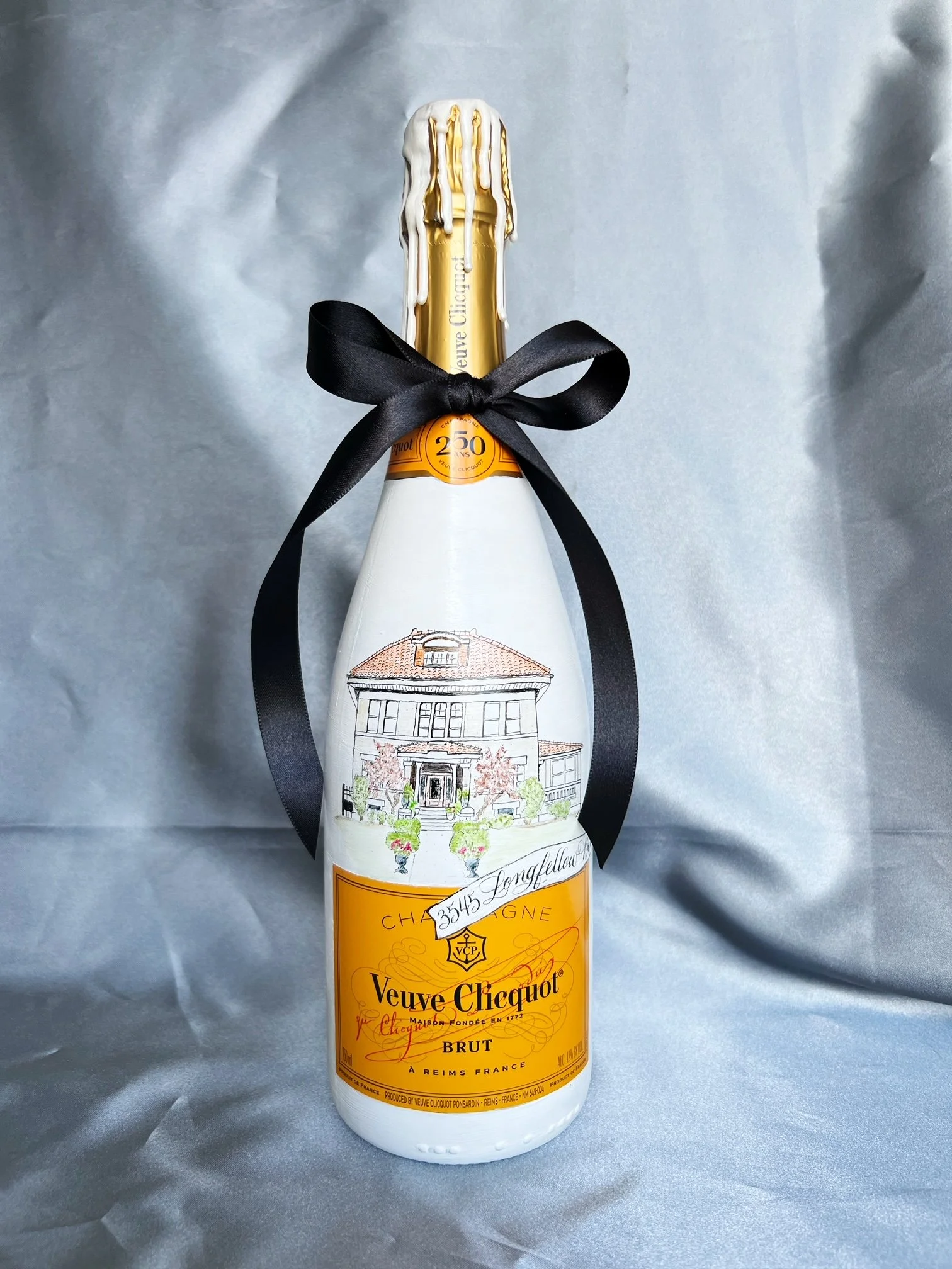 Champagne bottle hand painted with house portrait, landscaping and calligraphy address banner