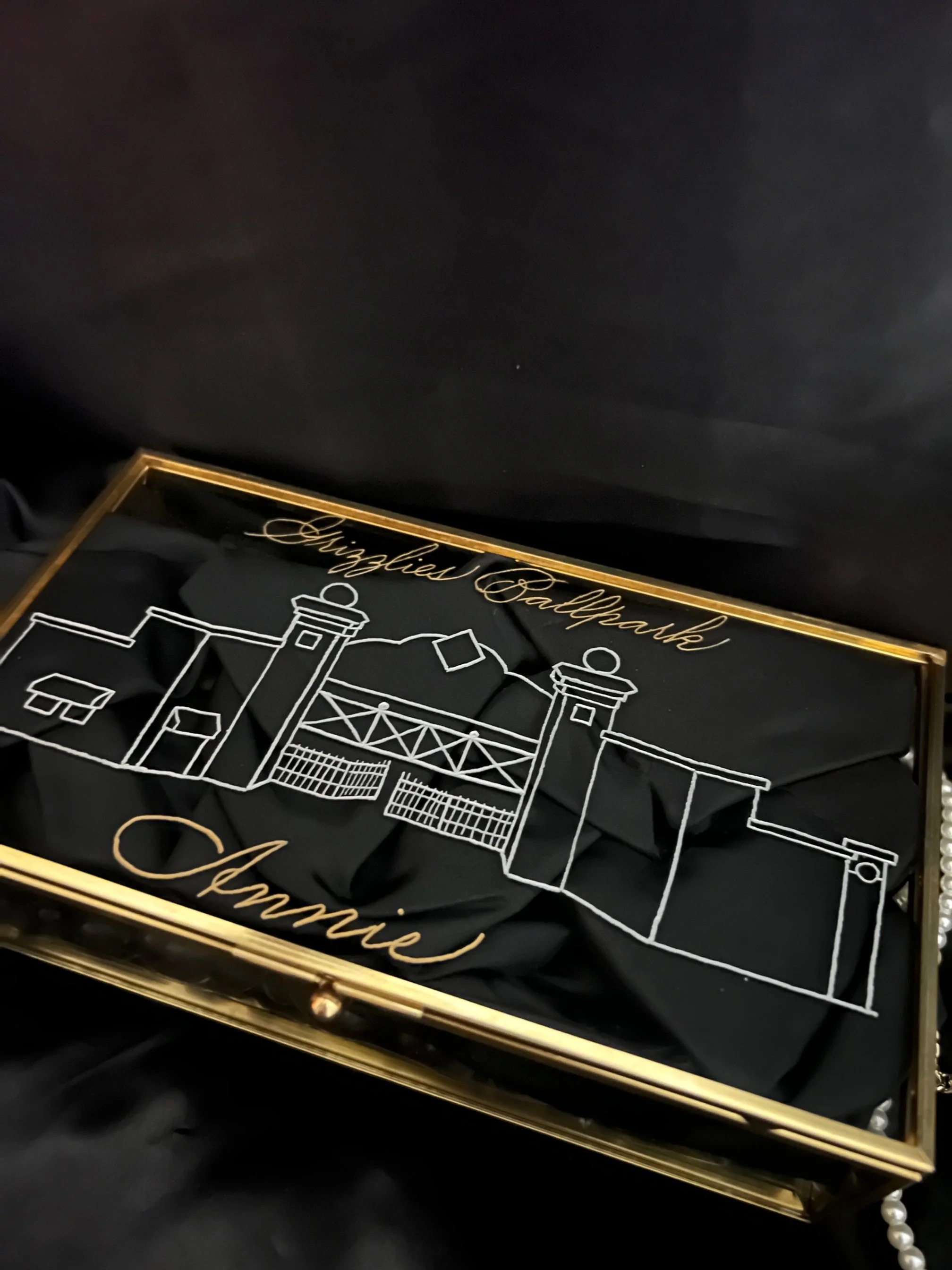 Hand engraved glass keepsake box with Grizzlies ballpark sketch and name