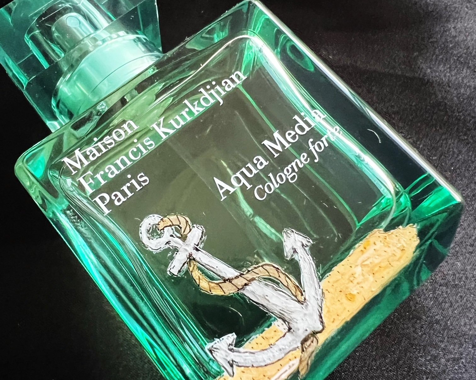 Hand painted anchor motif on MFK Aqua Media fragrance bottle
