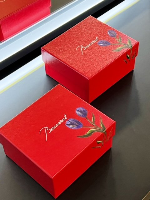 Hand painted violet tulips on red Baccarat product boxes