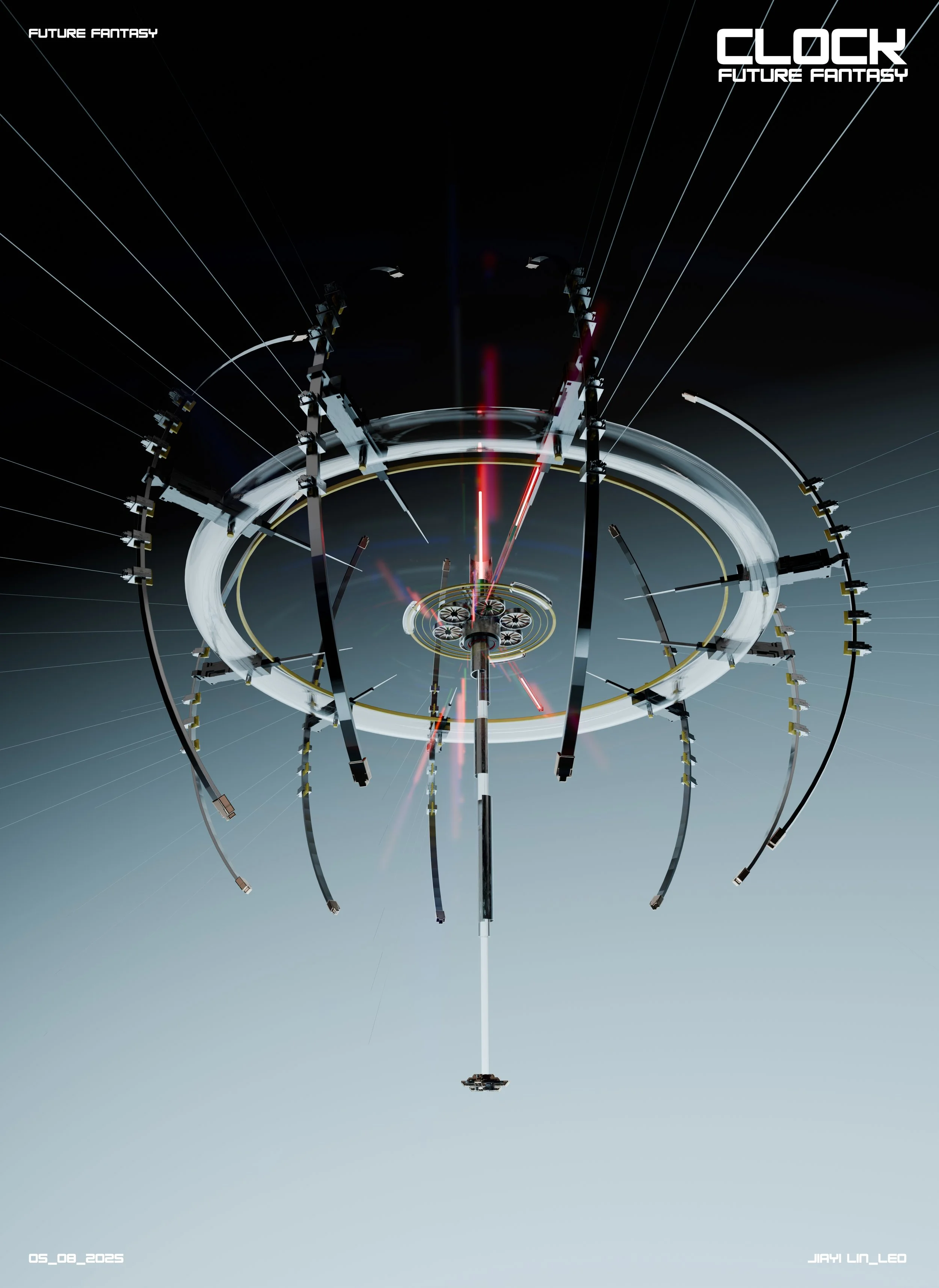 Futuristic circular spacecraft with extending robotic arms and laser beams, floating in space with a dark background. Text in top corners reads 'Future Fantasy' and 'Clock'.