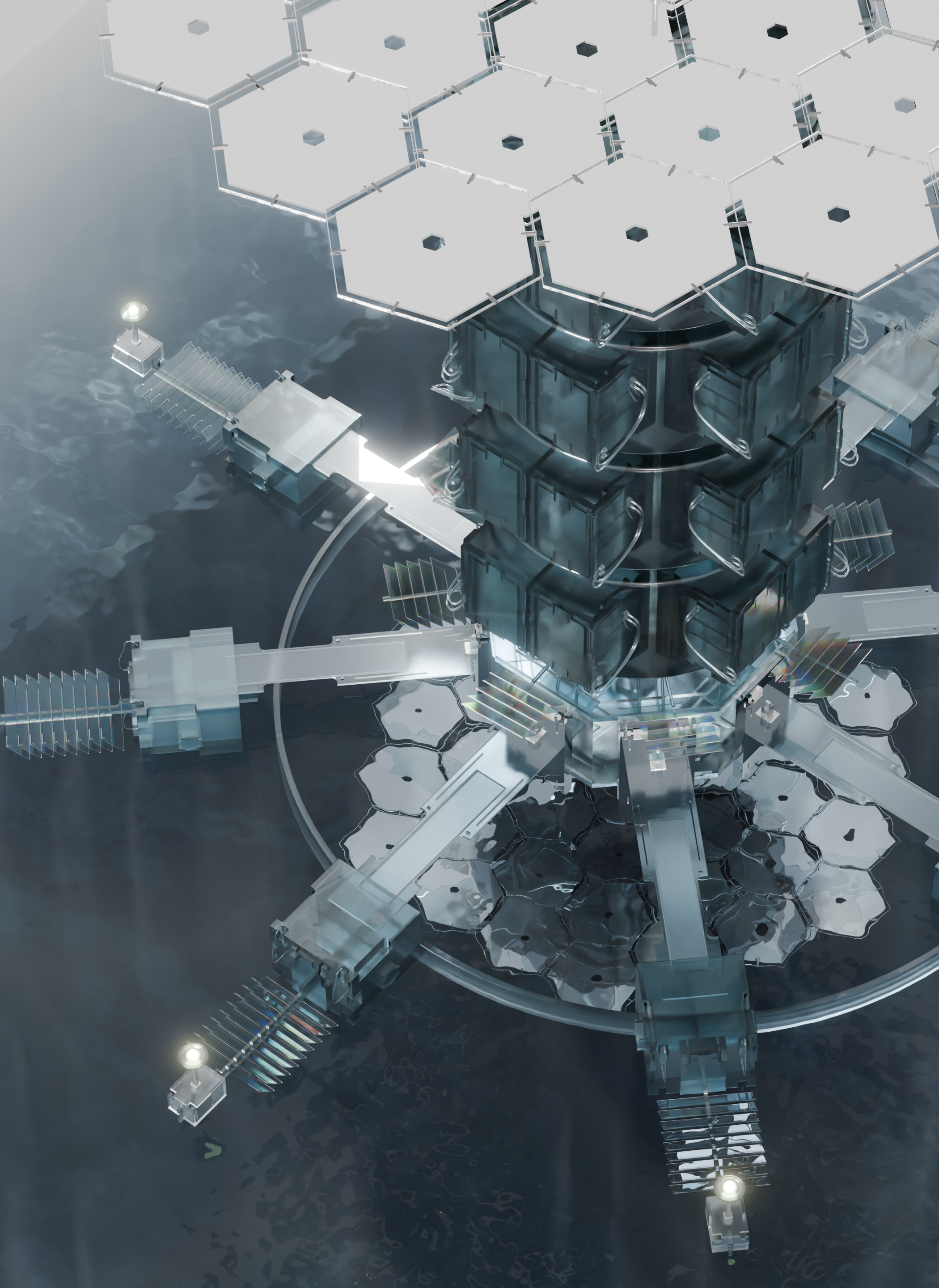 A futuristic space station or satellite with multiple hexagonal modules and solar panels, floating above the Earth with visible water and land.