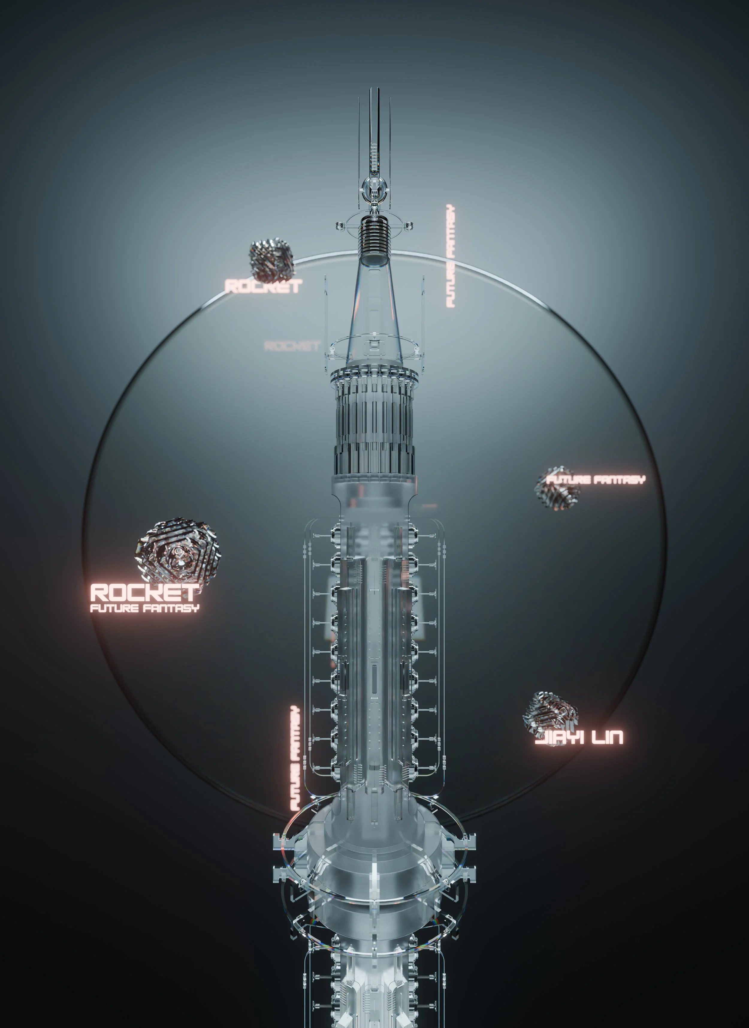 Futuristic digital illustration of a rocket with glowing text labels like "Rocket" and "Future Fantasy," surrounded by floating metallic geometric shapes and text, against a dark background.