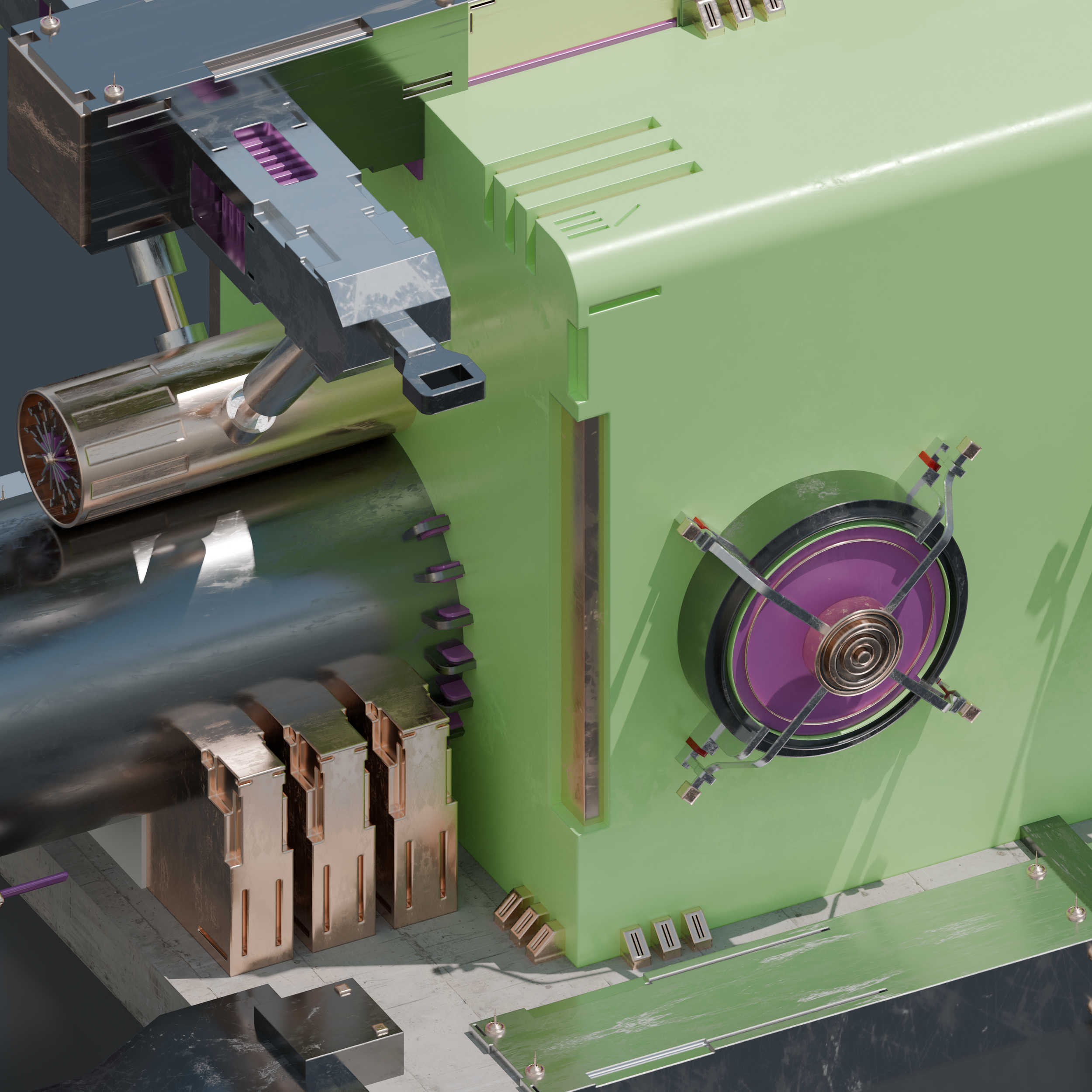 Close-up view of complex scientific or industrial equipment with green, purple, black, and metallic components, including cylindrical and rectangular shapes, and intricate mechanical parts.