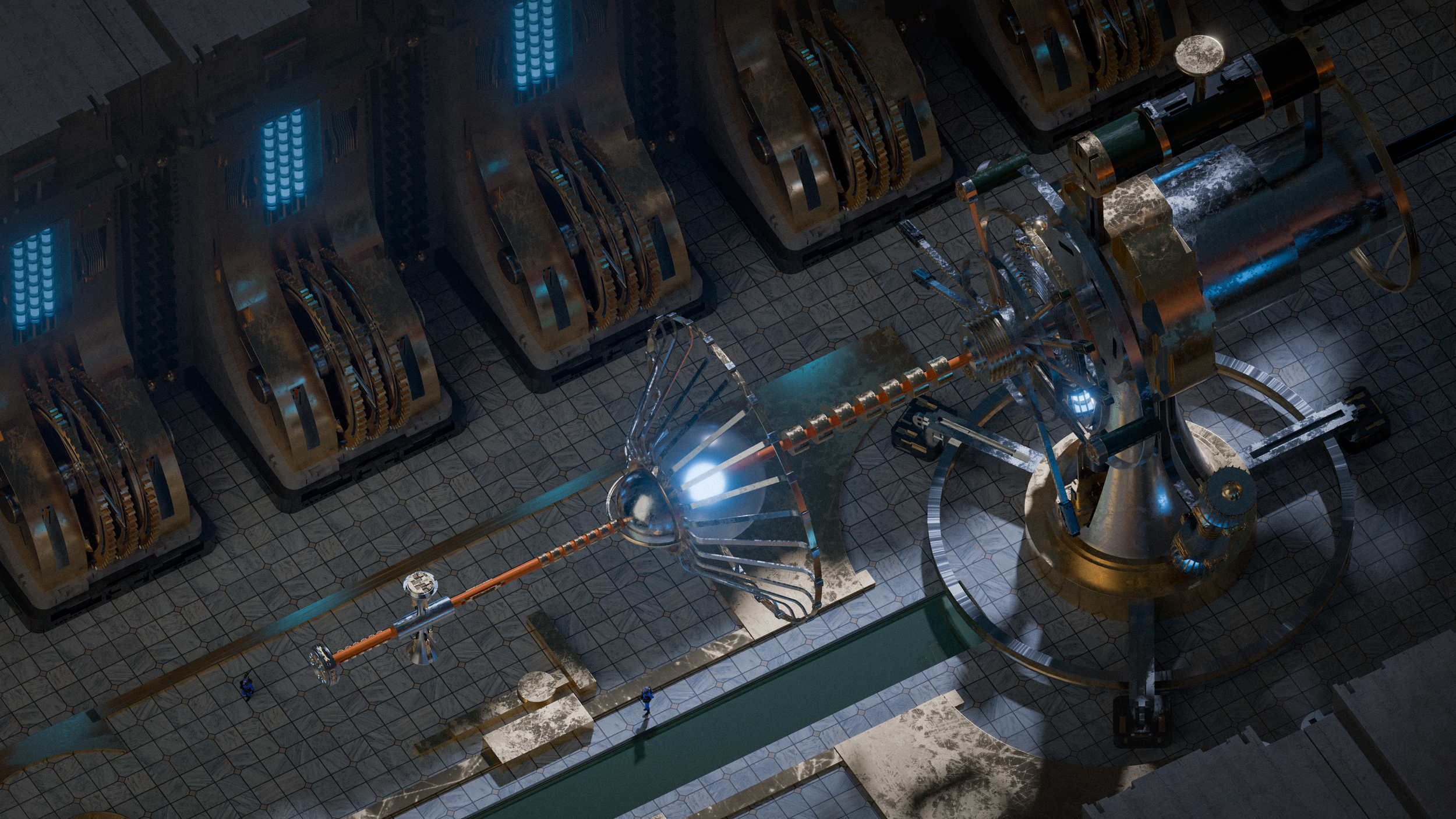 Futuristic scientific laboratory with large metallic machinery, glowing blue elements, and a complex experimental setup involving a large apparatus and a metallic rod in a clean, high-tech environment.