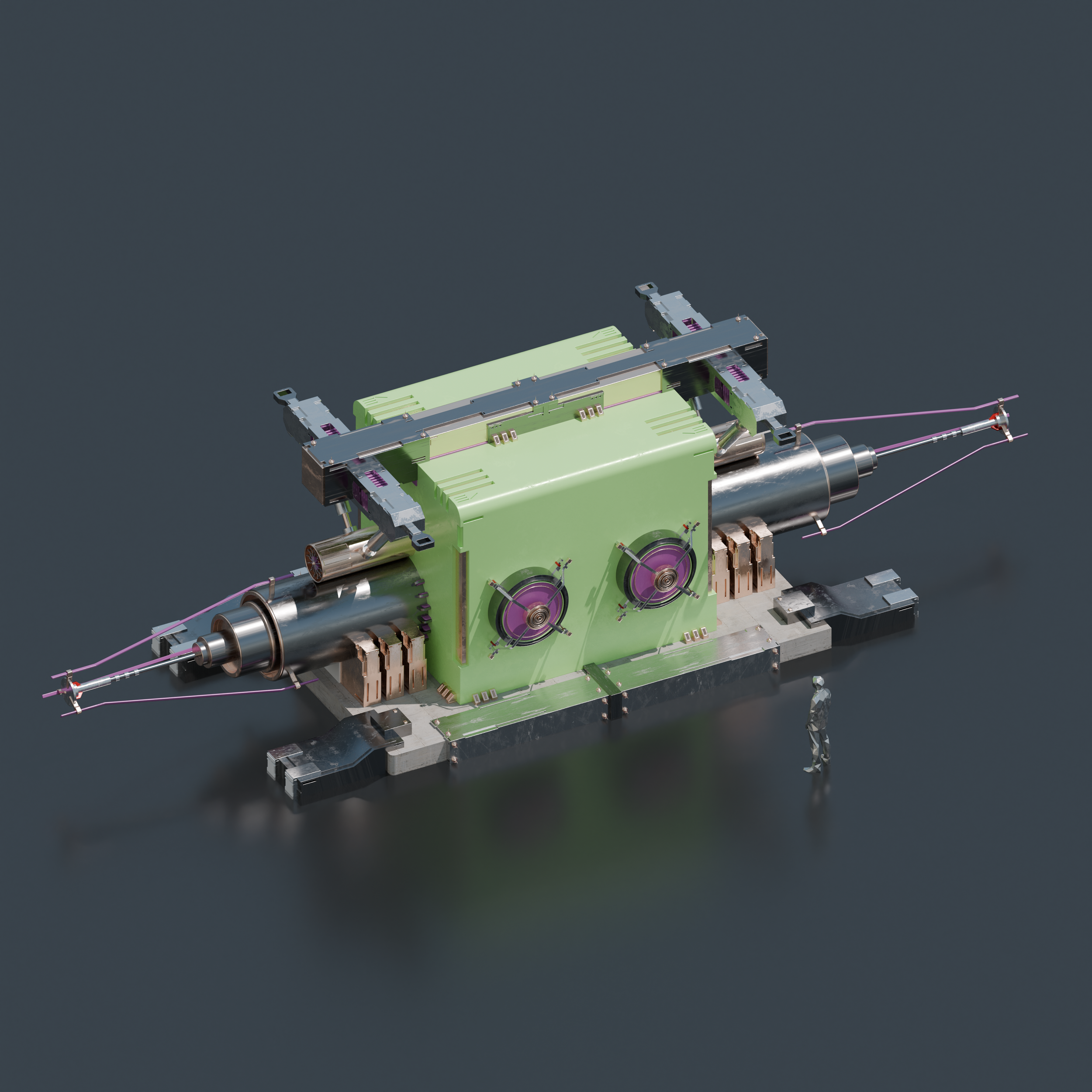 A scientific instrument with a green body, two purple lenses, and metallic components on a dark surface, with a small human figure for scale.