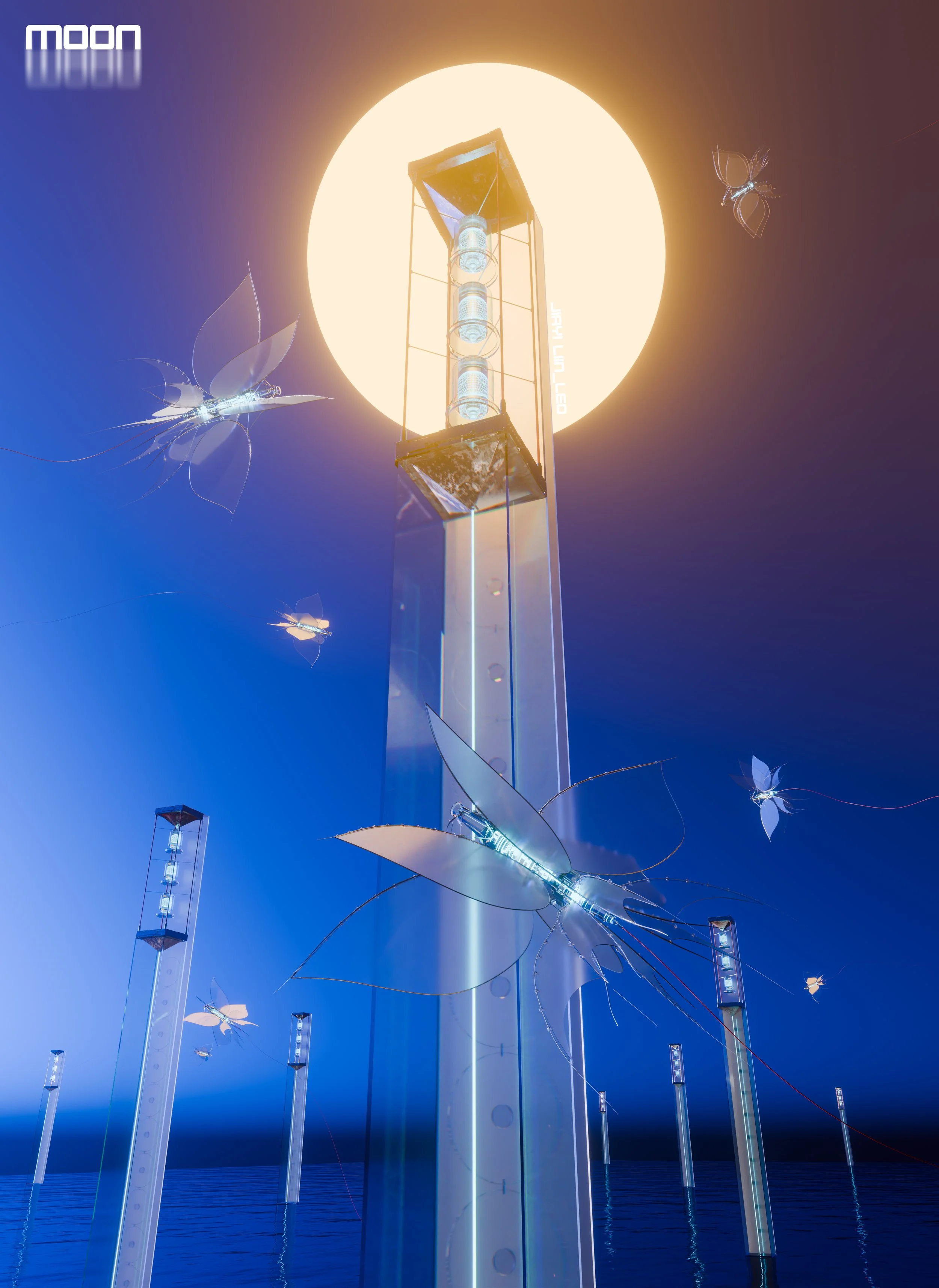Futuristic scene with tall, illuminated towers and large, glowing insects flying around, set against a dark sky with a bright full moon.