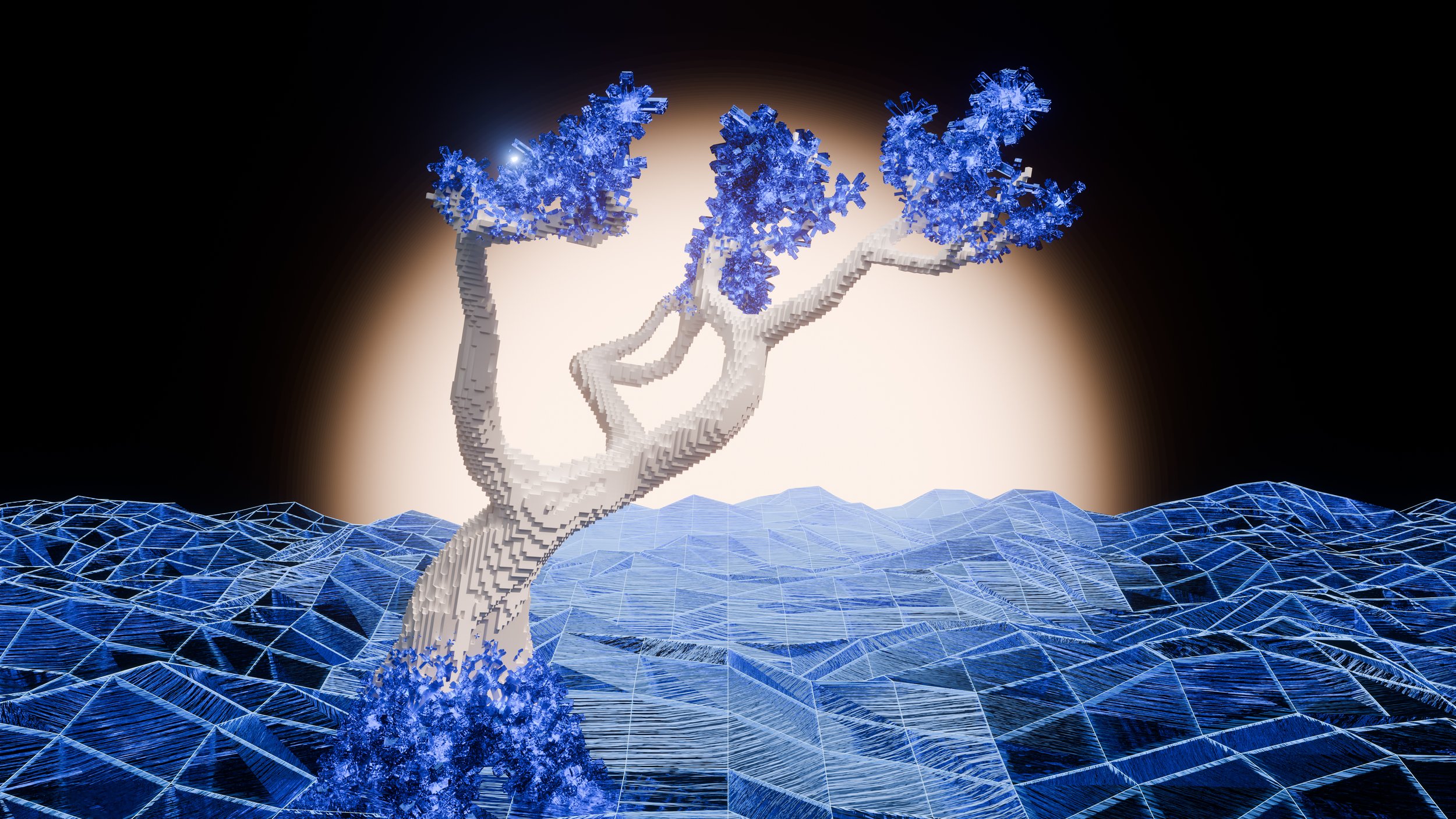 Digital art of a pixelated tree with blue leaves rising from a geometric, digital landscape with a circular light behind it.