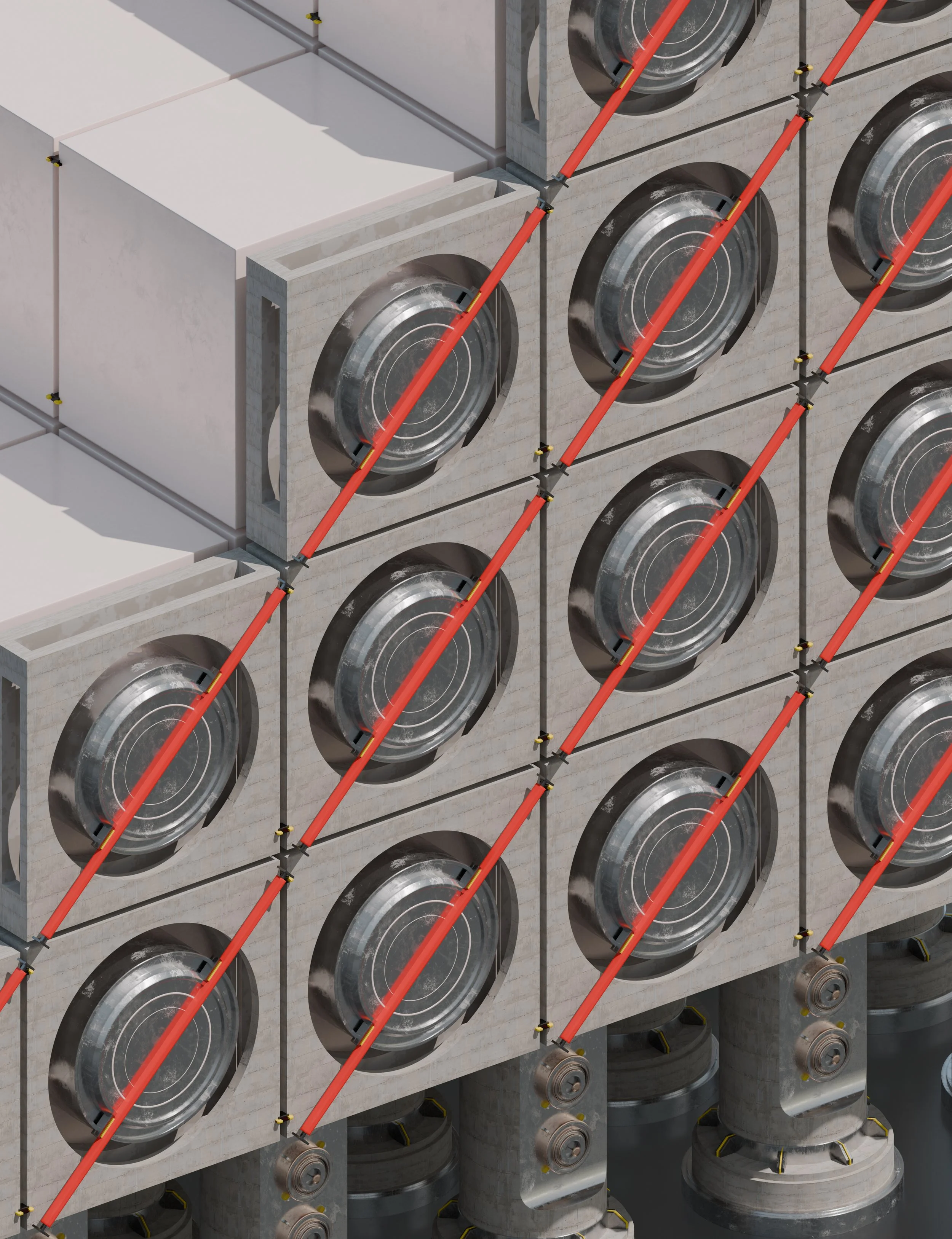 A digital illustration of a modern industrial or factory setting with multiple large, circular machines or vents arranged in a grid pattern on a building exterior. Red diagonal pipes or cables run across the front, connected by small black and yellow