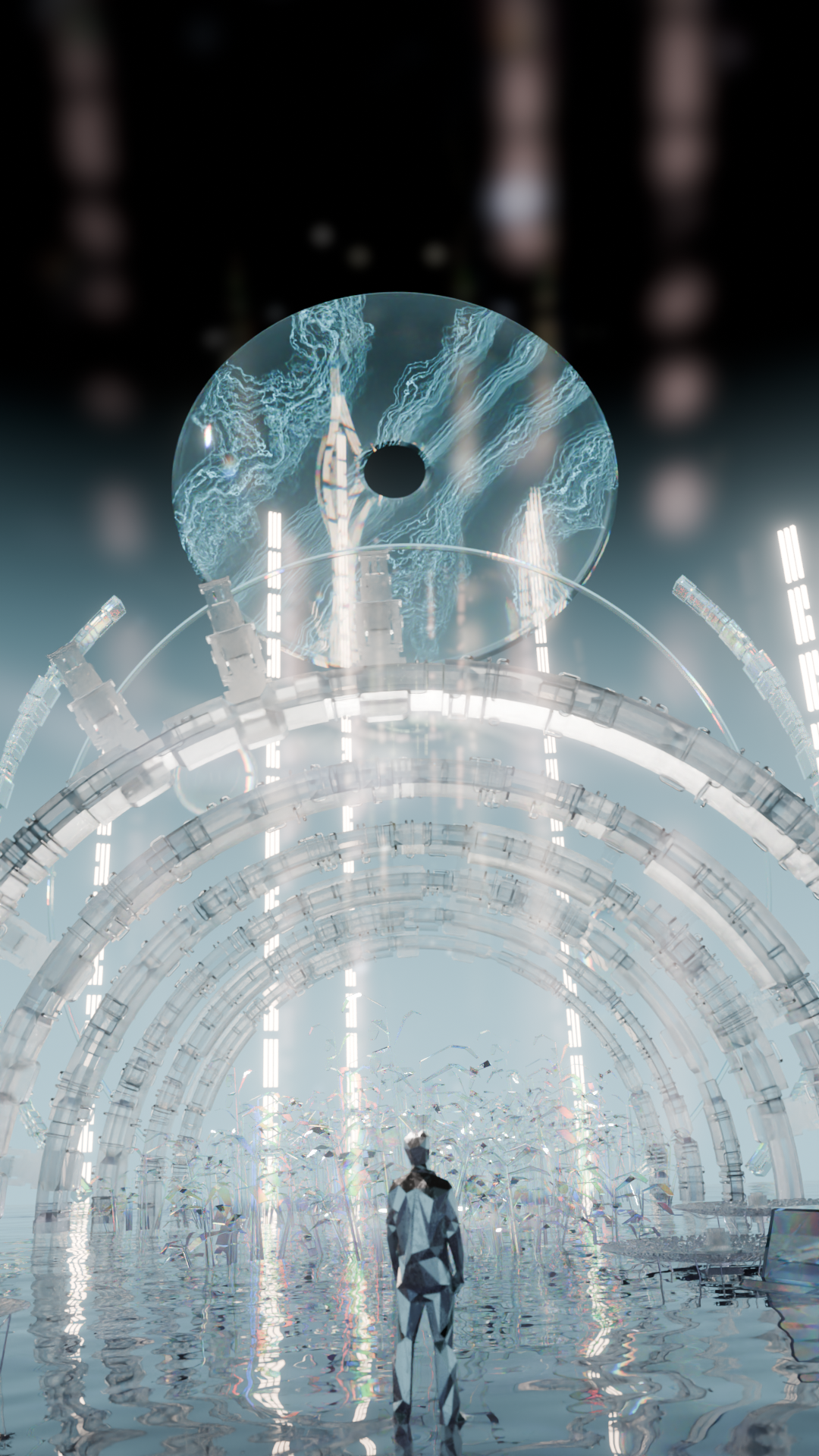 Futuristic scene with a person standing in a glowing, metallic archway reflecting in water, with intricate architectural structures and crystalline formations, and a large ethereal disc floating above with swirling patterns.