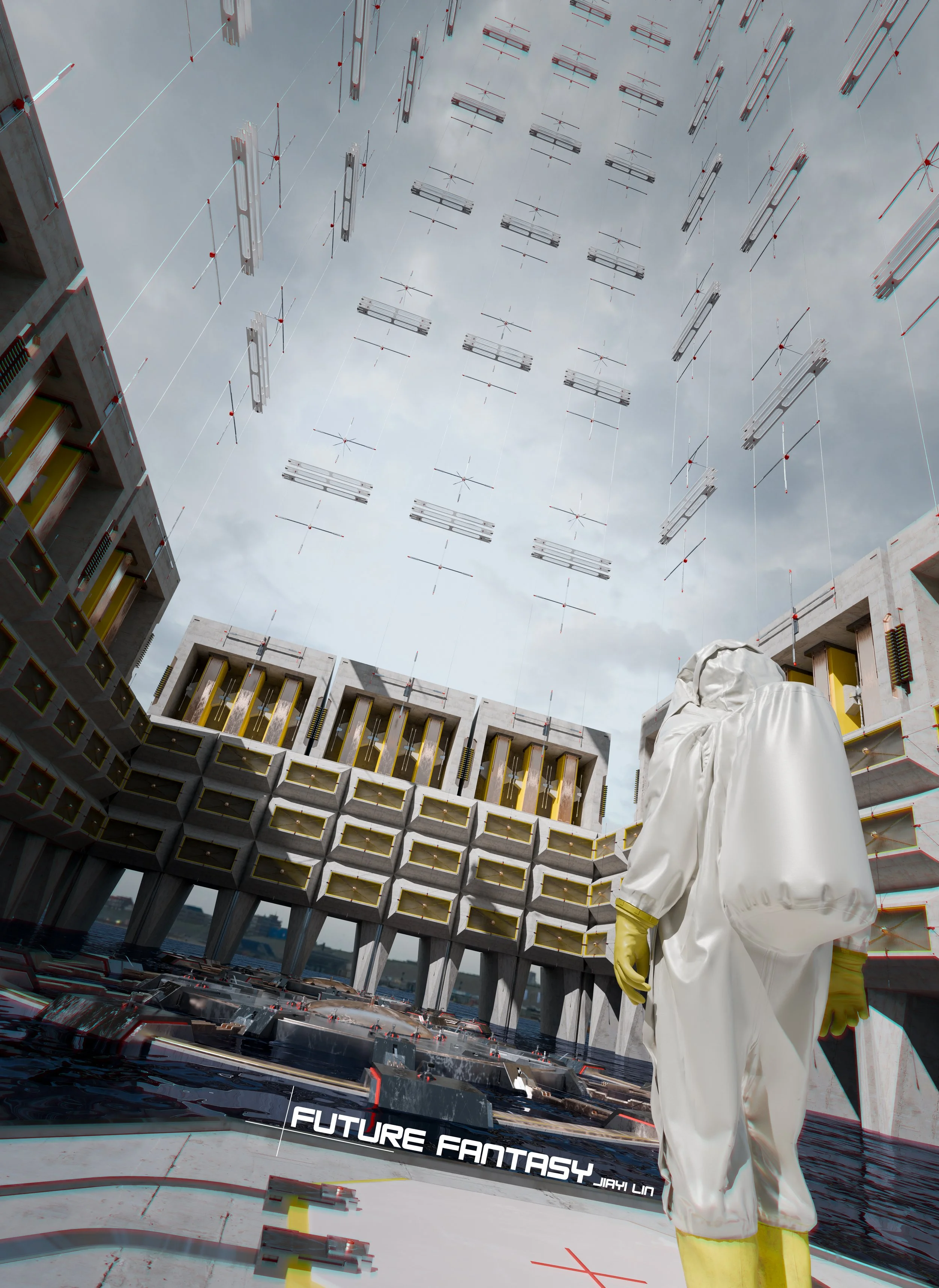 Person in white protective suit and yellow gloves observing a futuristic construction site with a multi-level building and a cloudy sky, featuring hanging structures and digital text 'FUTURE FANTASY'.