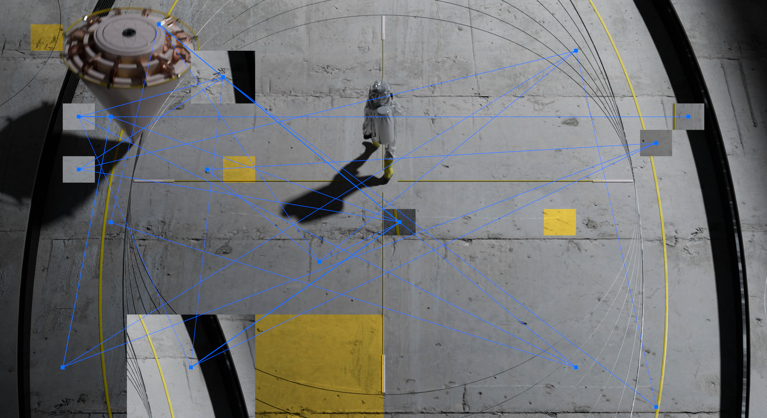 An overhead view of a person walking on a concrete surface, surrounded by yellow rectangular markings and curved black lines, with technical or geometric overlay lines and points, and a structure in the upper left corner.