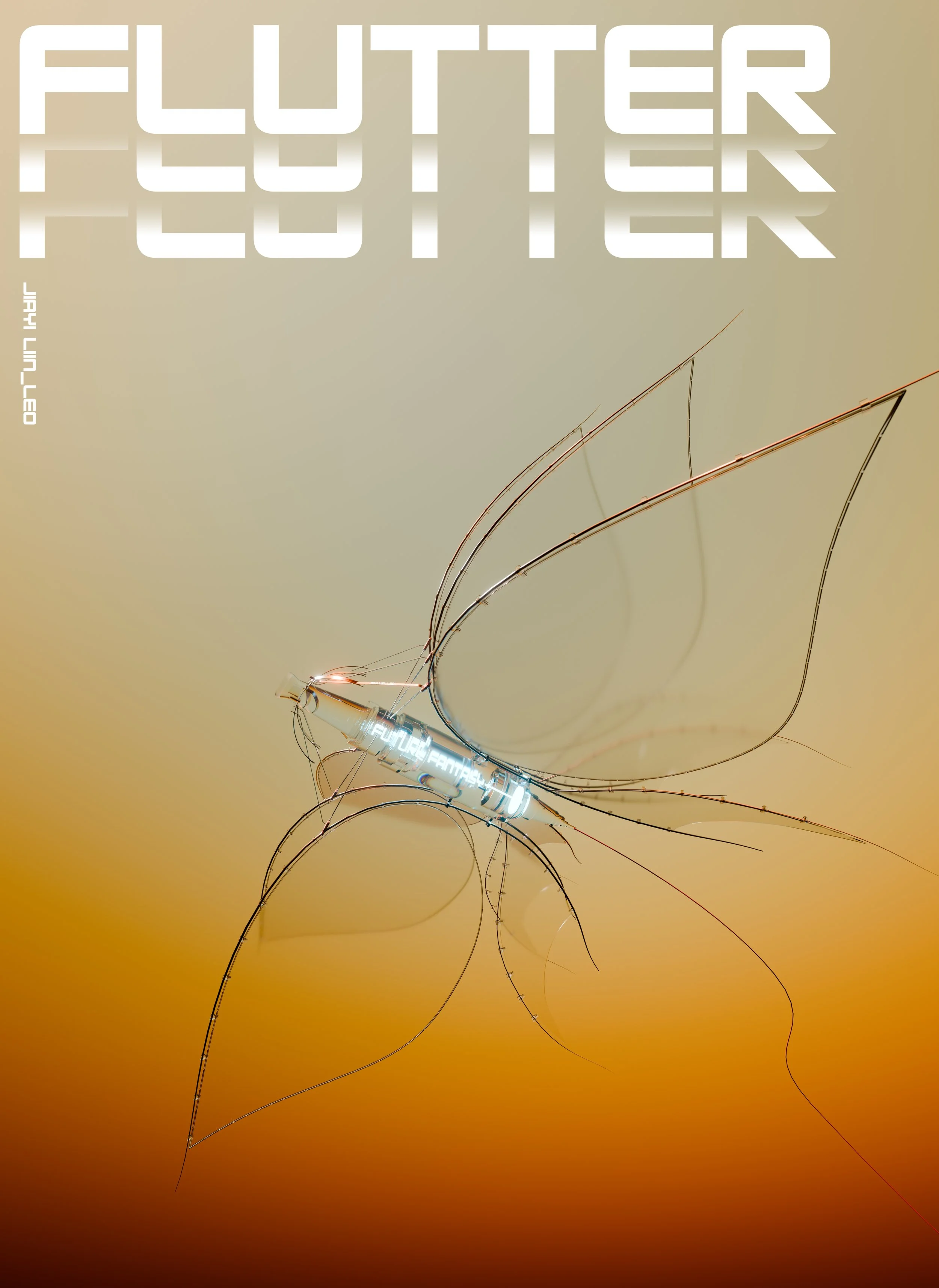 A digital artwork depicting a butterfly made of thin, curved wire-like structures against a gradient background. The butterfly's body is a glowing, cylindrical element with the word 'FLUTTER' written on it. The word 'FLUTTER' appears multiple times i