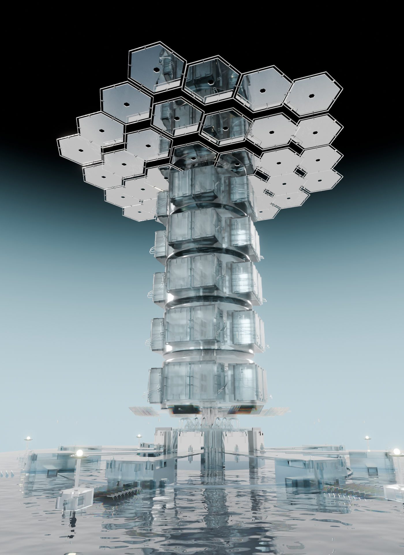 A futuristic tower with honeycomb-shaped solar panels on top, reflecting the sky on its shiny surface, surrounded by water and small lights.