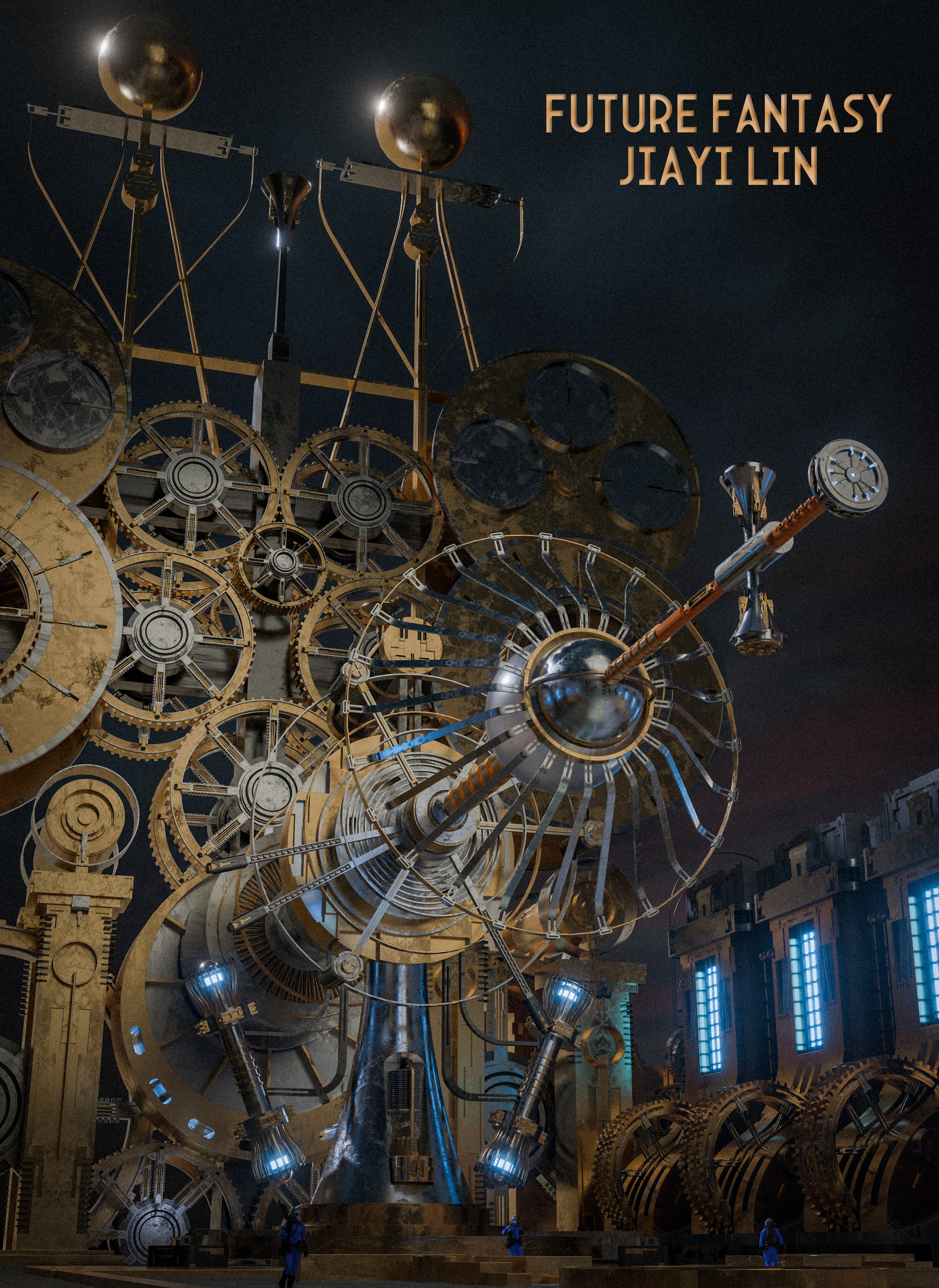 Large futuristic clock with gears and mechanical structures, illuminated by blue and white lights, set against a dark sky with stars and planets, with text "Future Fantasy JIAI LIN" in the upper right corner.