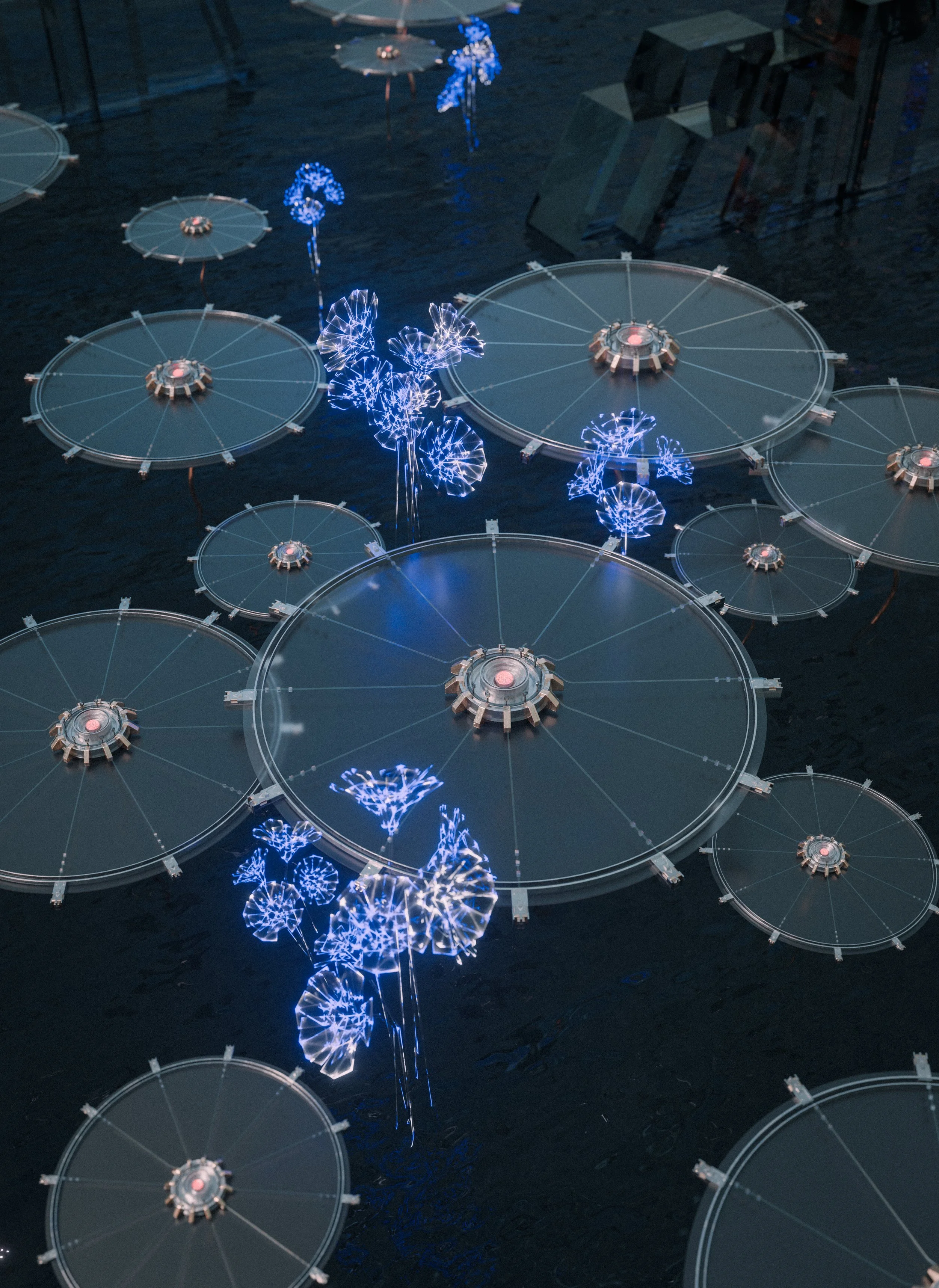 An artistic installation of multiple large, circular, metallic platforms with illuminated centers, floating on water, connected by thin lines, with animated blue light effects resembling flowers or fireworks.