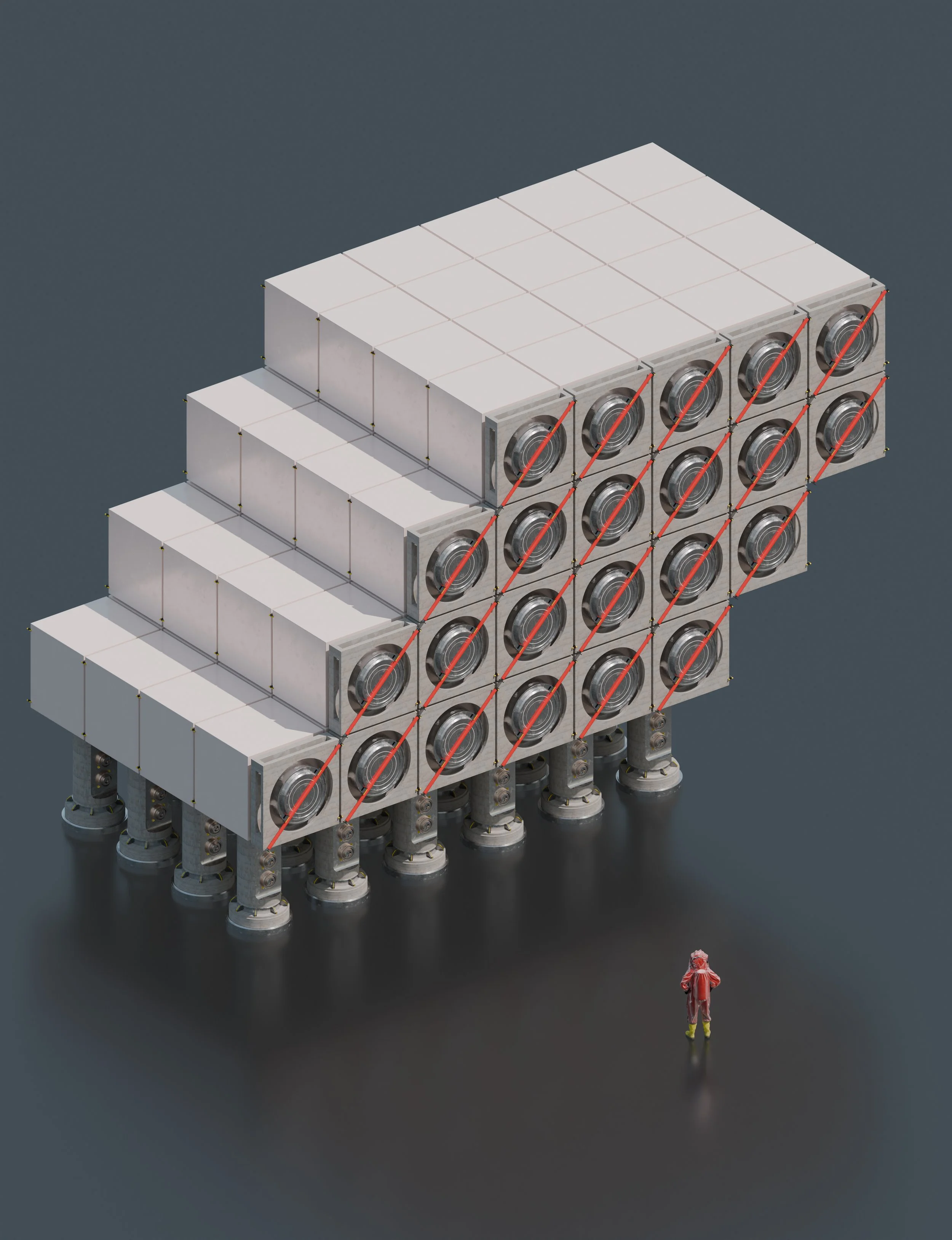An abstract structure made of stacked white boxes and metallic cylindrical components, supported by pillars, with a small person standing nearby for scale.