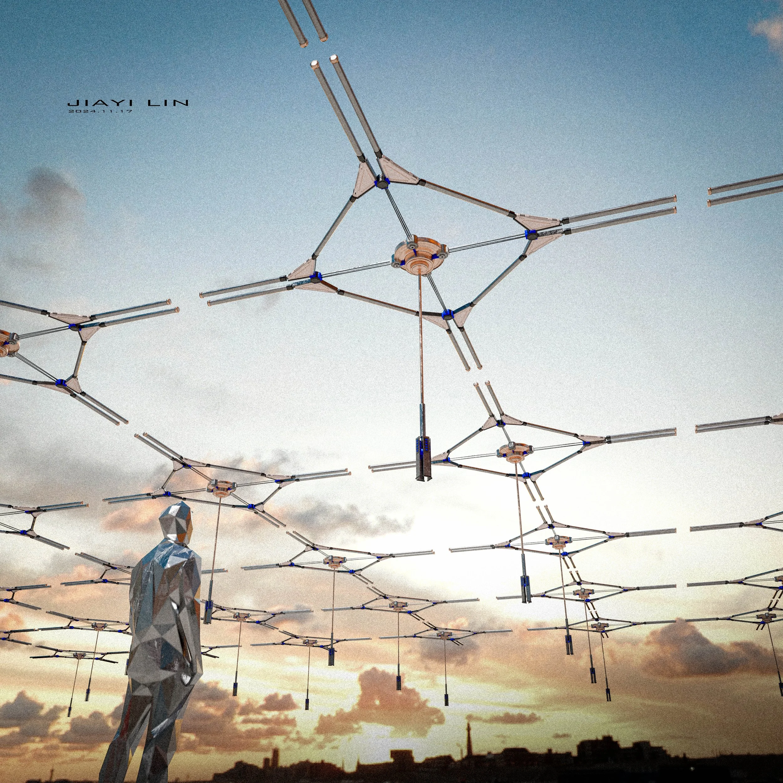 Futuristic public art installation with metallic humanoid sculpture standing under drone-like structures against a sunset sky.