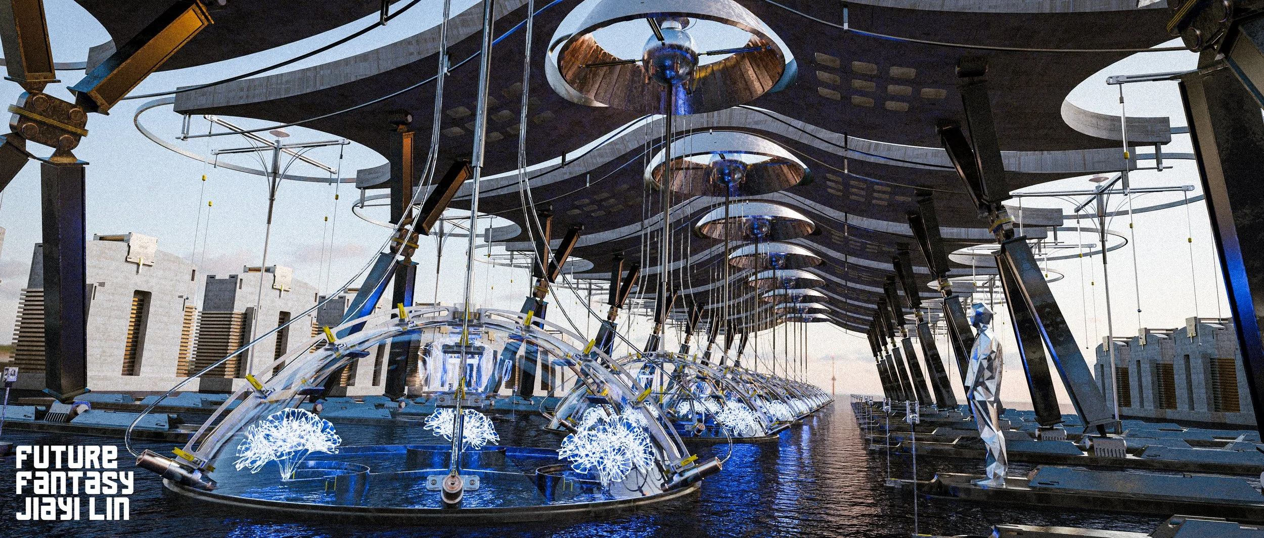 Futuristic cityscape with a floating platform featuring glass domes and glowing blue tree sculptures over water, surrounded by modern buildings and an overcast sky.