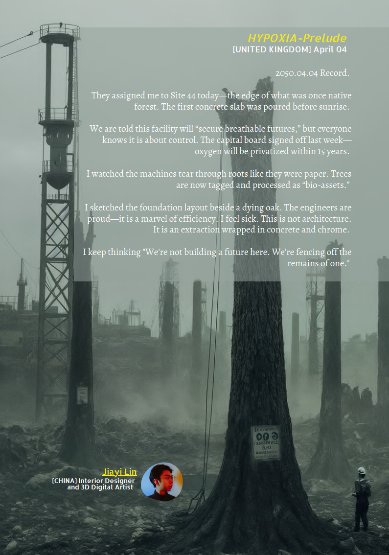 A foggy landscape with tree stumps and a construction worker in a safety helmet on the right, alongside a wooden tree with a sign on it. The photo features overlaid text about an event called HYPOXIA-Prelude in the UK on April 4, and a quote about de
