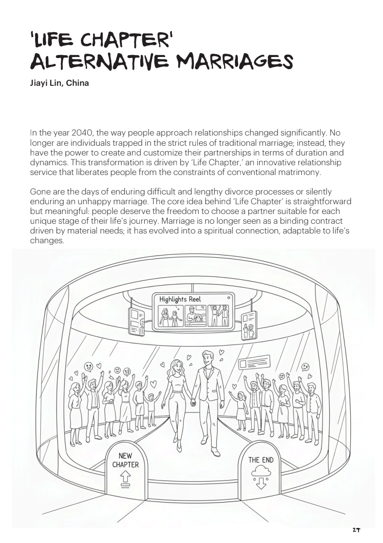Line drawing of a couple walking hand-in-hand through a celebration with friends surrounding them. The scene takes place inside a circular structure labeled "Highlights Reel" at the top. Two doors at the front are labeled "New Chapter" with an upward