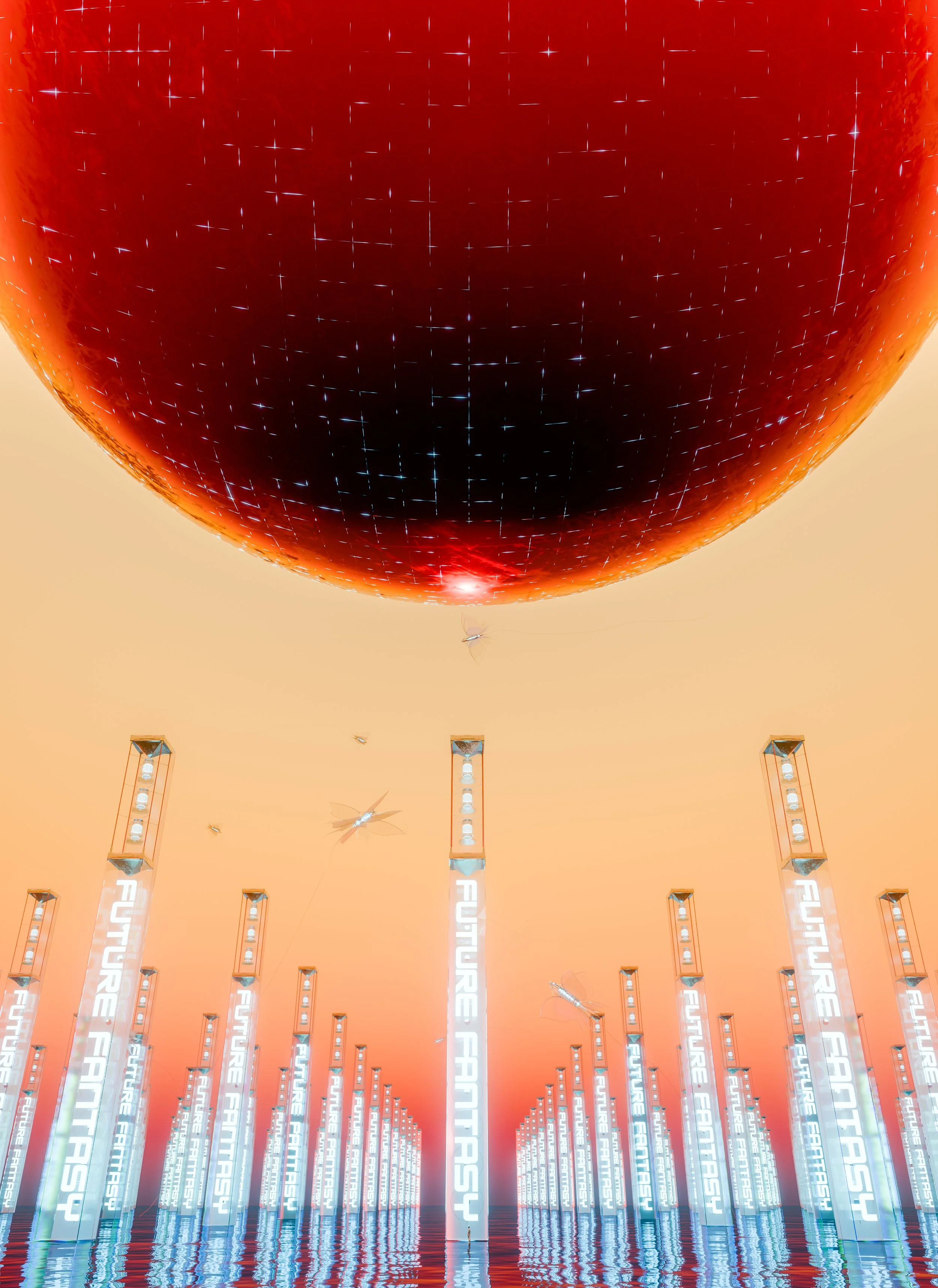 Futuristic cityscape with tall illuminated columns and a large red starry sphere overhead