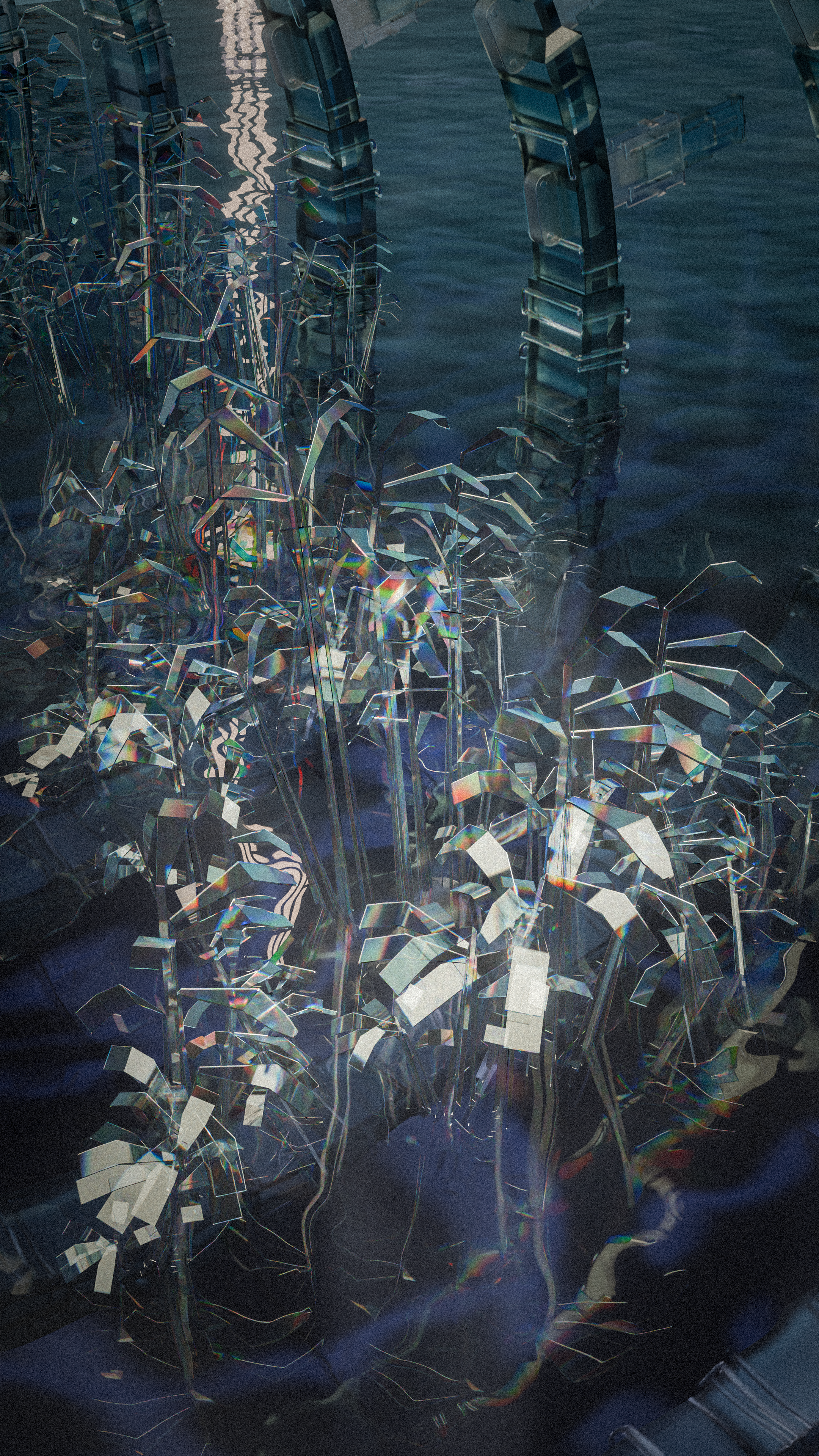 An abstract art installation featuring reflective, crystal-like structures, resembling plants, set against a dark background with hints of water and metallic framework.