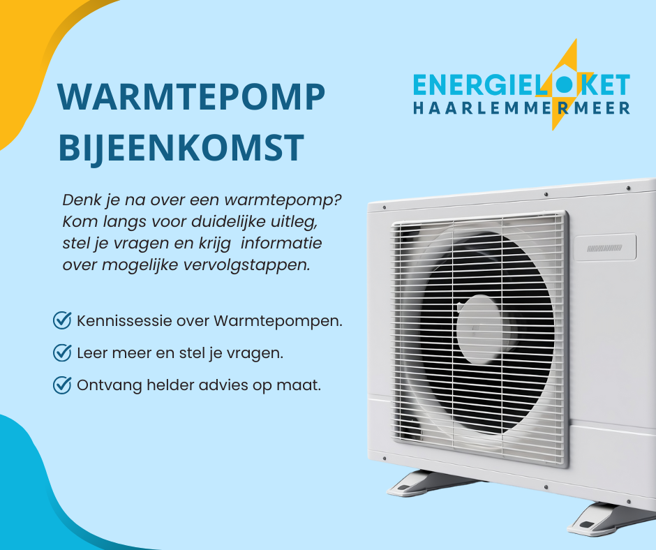 Warmtepompunit op blauwe achtergrond met de tekst: warmtepompbijeenkomst. Denk je na over een warmtepomp? Kom langs voor duidelijke uitleg, stel je vragen en krijg informatie over mogelijke vervolgstappen.
