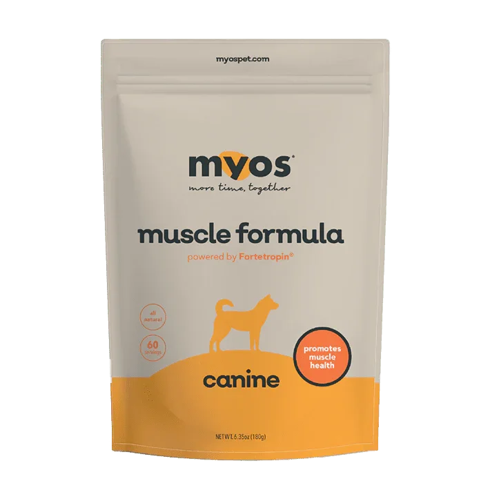 White and orange package of Myos Muscle Formula dog supplement containing 180 grams, with label indicating it promotes muscle health, is all natural, and provides 60 servings.