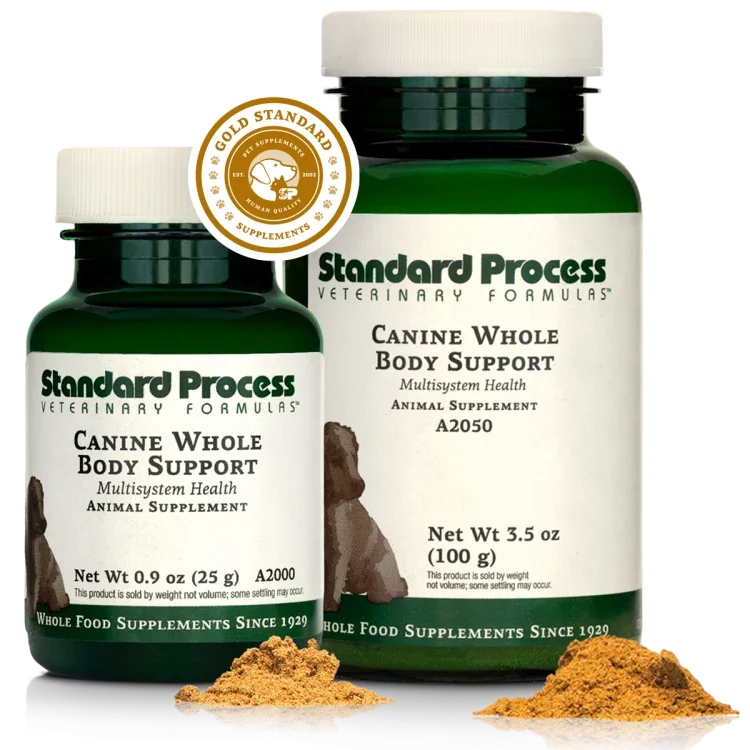 Two bottles of Standard Process Veterinary Formulas Canine Whole Body Support supplement with powder spilled in front of them.
